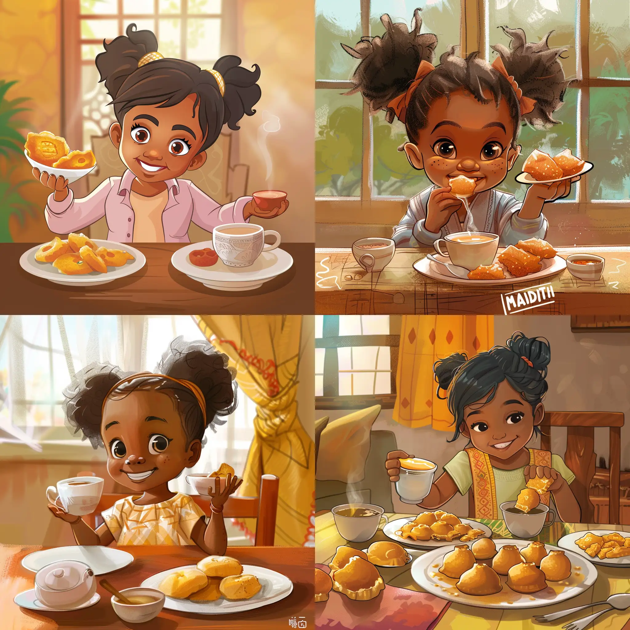 a bright and curious little girl, 10 years old, having a hearty breakfast of mandazi and chai, setting in Kenya, cartoon
