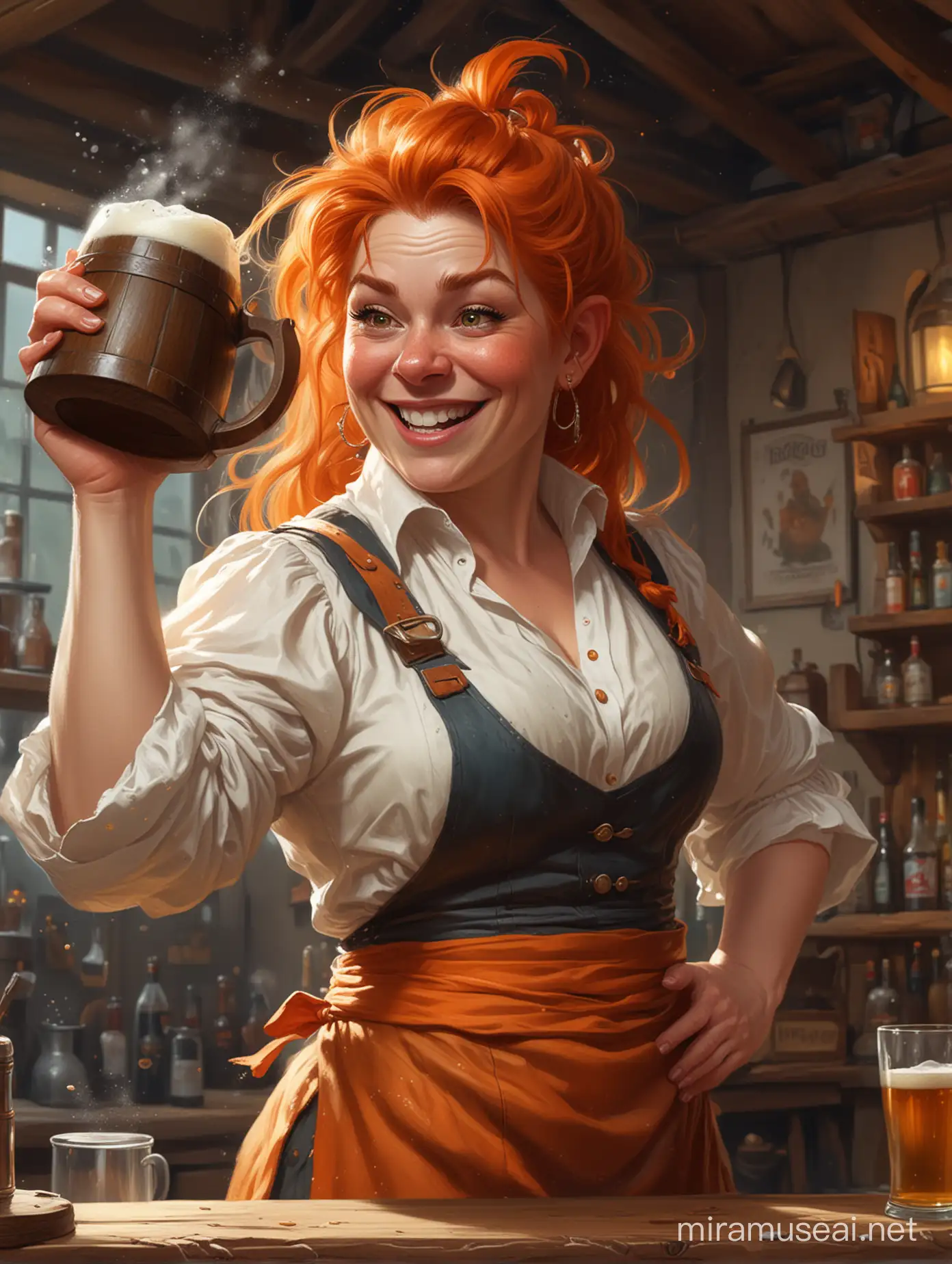 three-quarter half-body portrait of a big fat happy evil dwarf a bit older female bartender, waving an (oversized wooden tankard) with beer foam flying around, wild orange hair flying in the wind, piggy sparkling eyes, "white blouse and orange apron", digital painting, game art, blizzard art style, art station