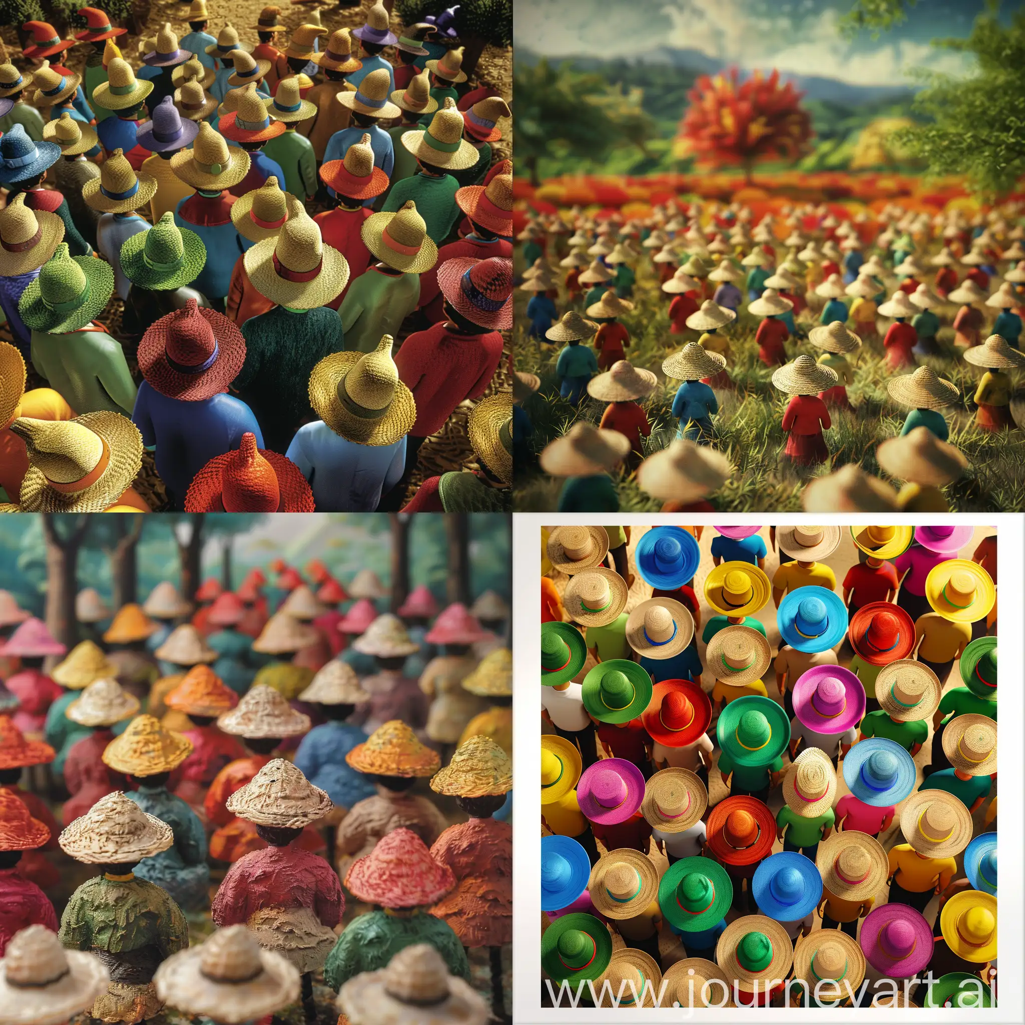 乡村的场景中，彩色圆圈汇聚的戴着草帽的人形态，海报16比9比例，竖版，3D风格，逼真画面