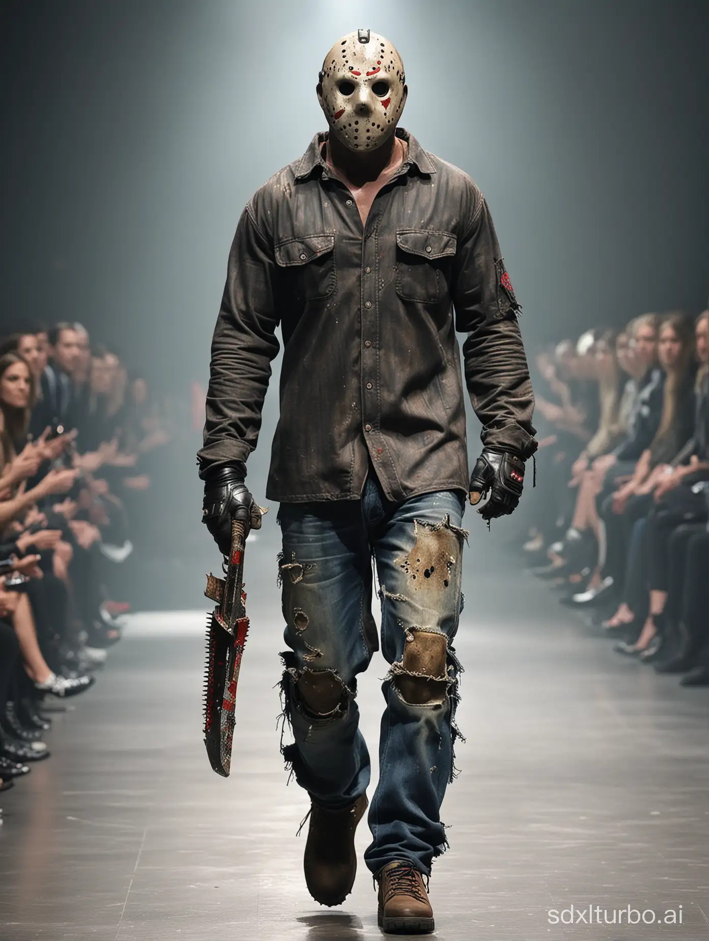 Jason Voorhees from Friday the 13th walks the runway, walks, real Jason, chainsaw, hockey mask, (full body image), (audience on both sides), Paris Fashion Week runway