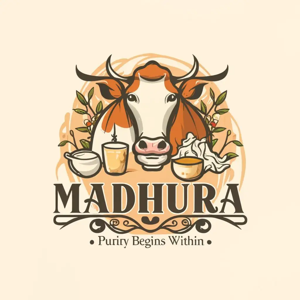 a logo design, with the text "Madhura and slogan as - Purity Begins Within", main symbol: Cow and Milk and Ghee