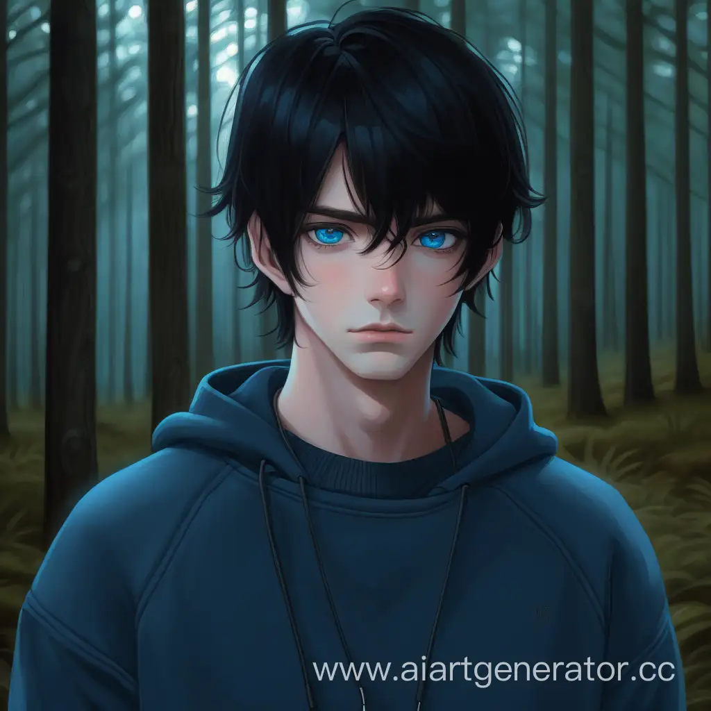 Парень. Черные волосы, голубые глаза, темно-синяя толстовка, черные джинсы. Взгляд холодный. На фоне леса