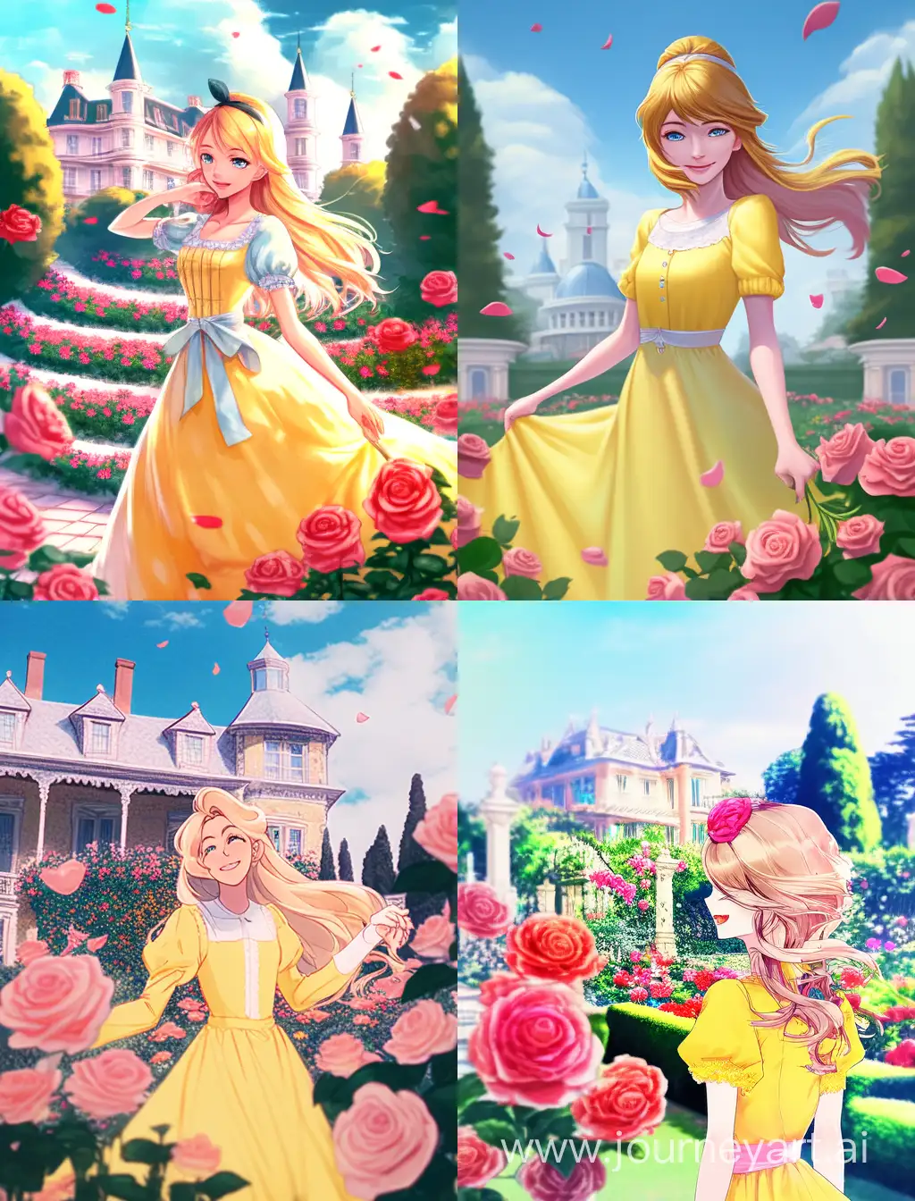 A smiling girl in yellow dress standing in a garden of blooming pink red roses as wind is blowing in daylight, in the far background is a mansion and blue sky, pastel colors, expressive, cute, half body, iPhone wallpaper