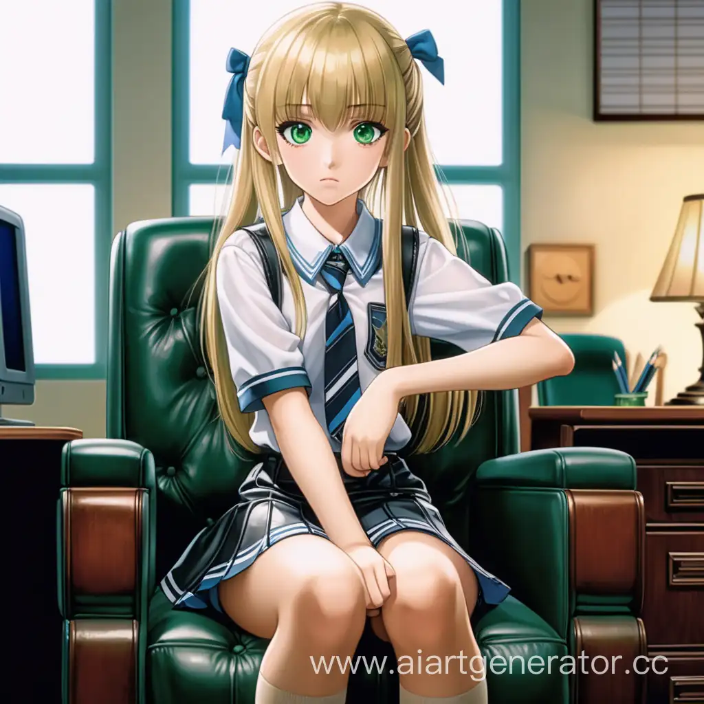 young girl, big beautiful green eyes, sweet face, short stature, long blonde hair with straight bangs, she is wearing a school blouse and a short skirt and stockings, sitting in a leather chair in the principal's office in the evening, she looks embarrassed, anime style