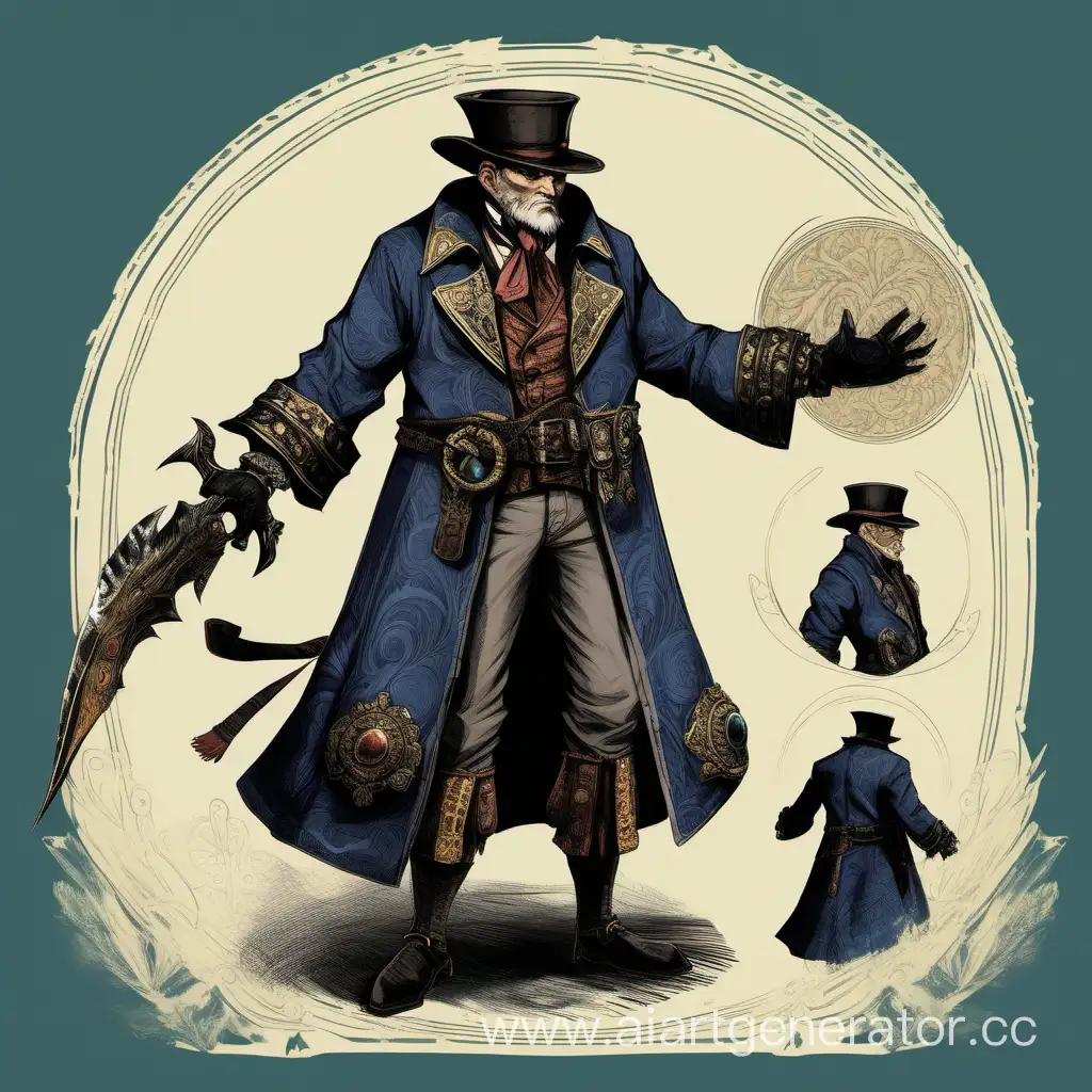 a man, a monster hunter, with magical abilities, in 19th century clothes, in the style of game design
concept art
