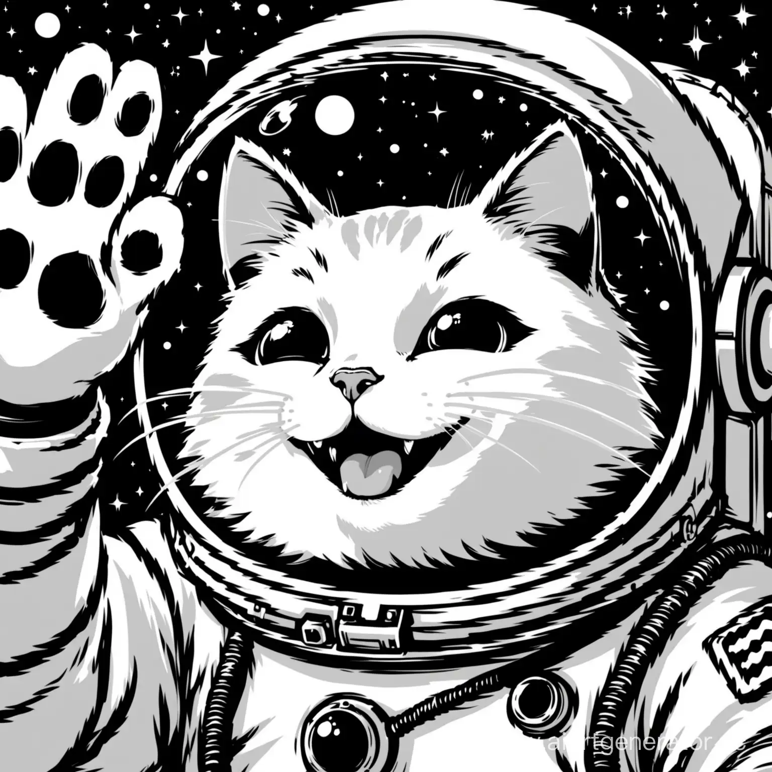 Черно-белое изображение кота-космонавта крупным планом, который улыбается и махает лапой 