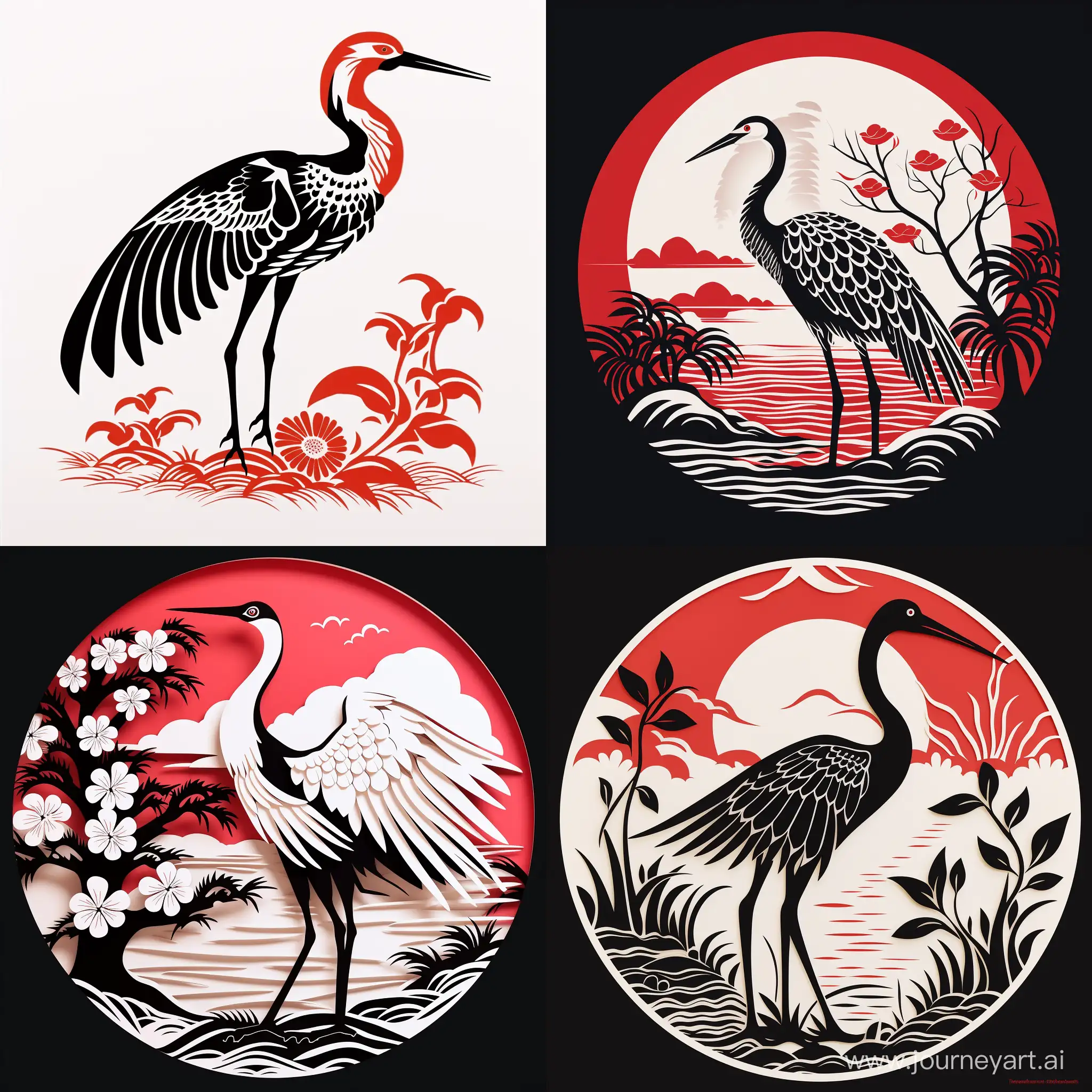 simplicity Chinese paper-cut art, black and red and white color, The crane, simplicity, simple, american logo style --v 5.2
