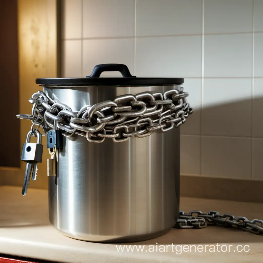 Morning, kitchen, table, pot wrapped with a chain and lock