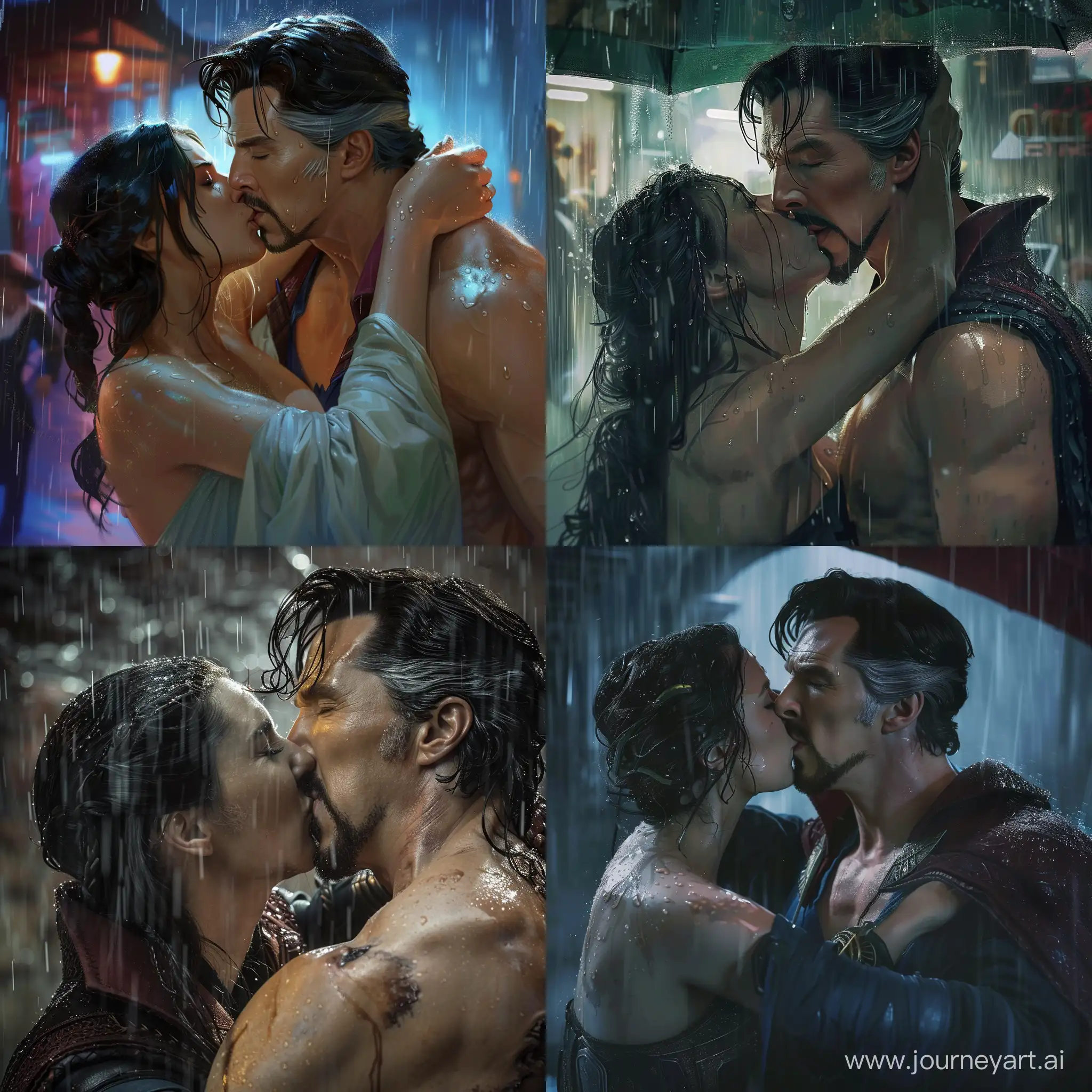 Doctor Strange kissing a lady passionately in the rain. He is shirtless. 