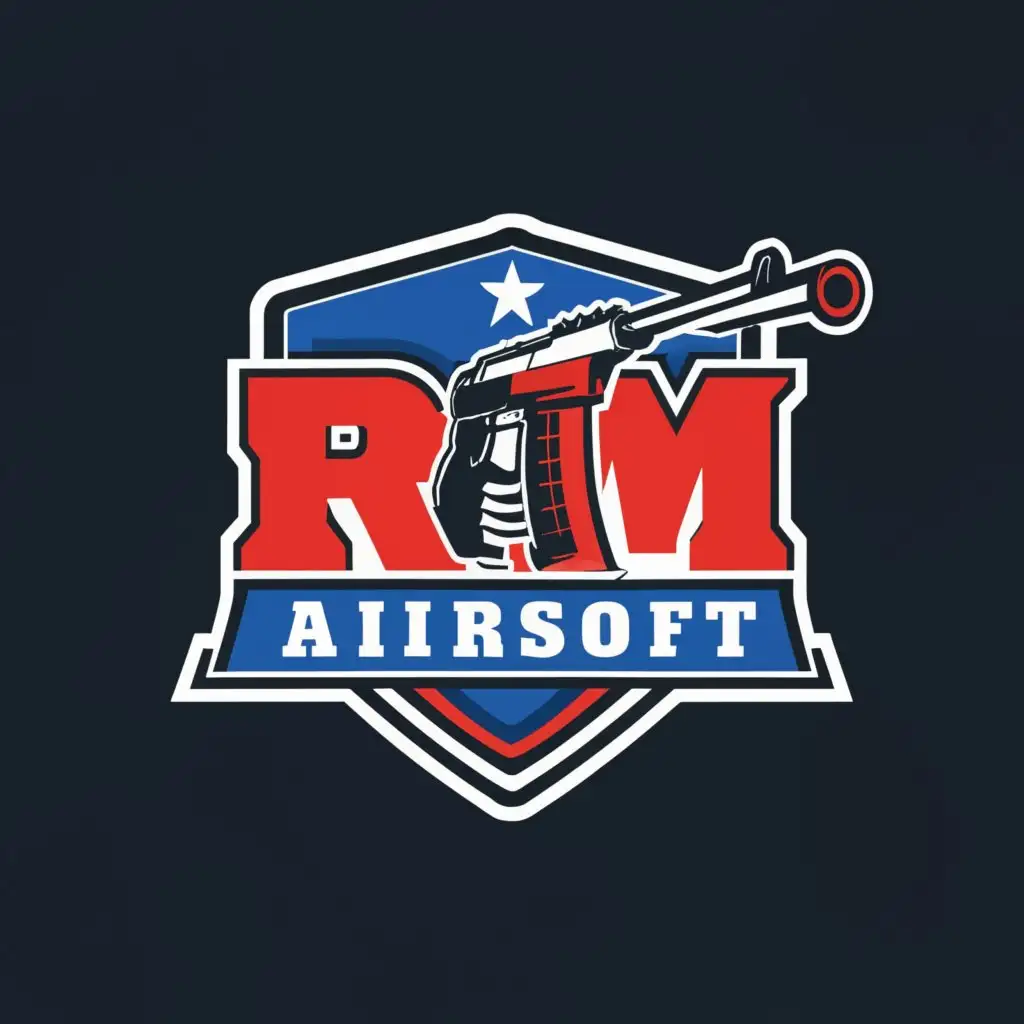 a logo design,with the text "RM Airsoft", main symbol:Logo with an airsoft gun replica for a youtube channel well detailed color blue white red,Moderate,be used in Sports Fitness industry,clear background