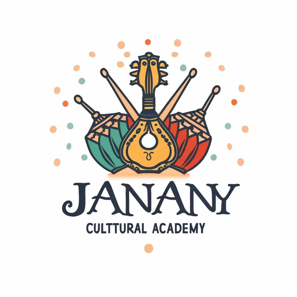 logo, tabla, guitar, with the text "janany cultural academy", typography, be used in Entertainment industry
