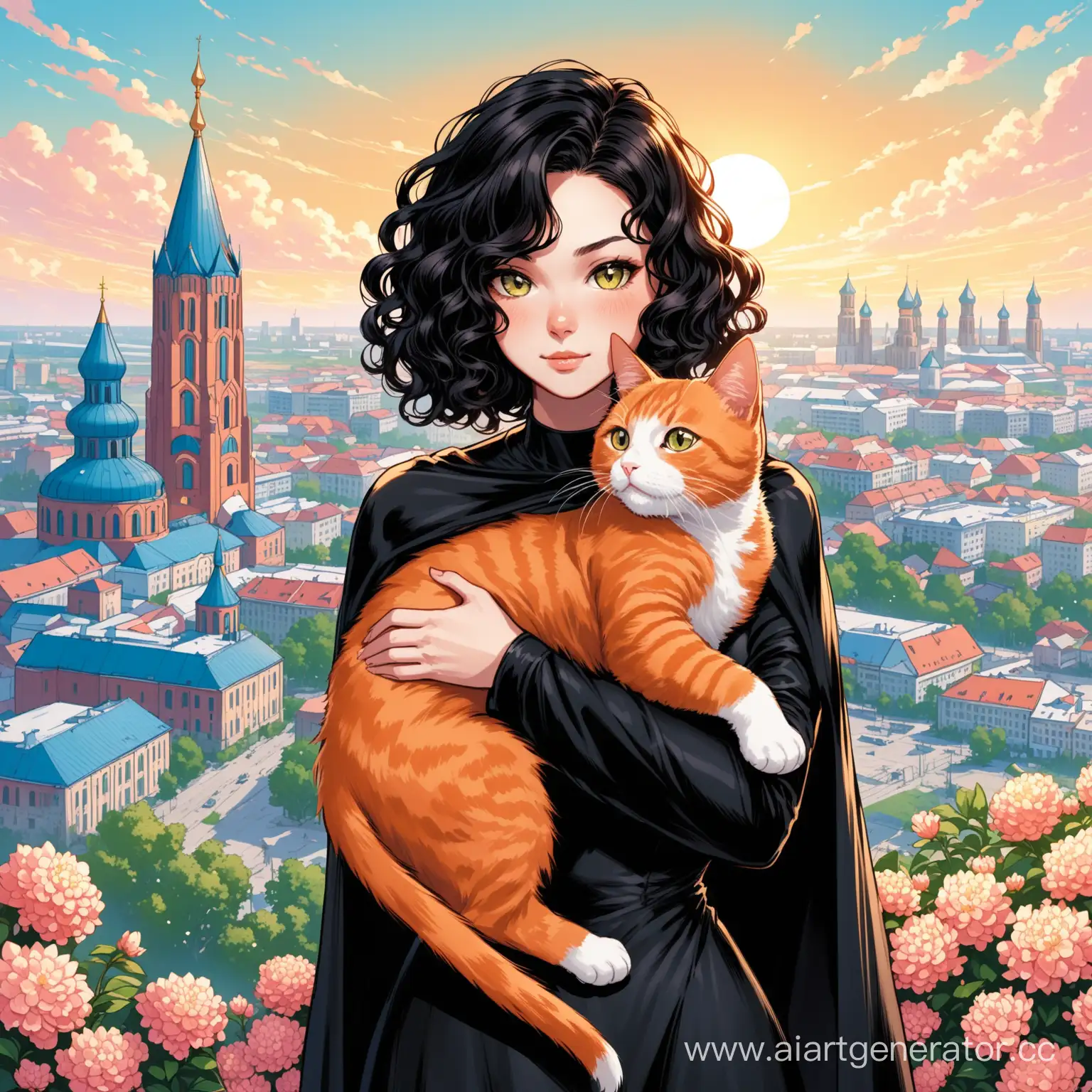Высокая девушка супергерой, в черной одежде, с кудрявыми черными волосами каре, с рыжей кошкой в руках, на фоне цветущего Донецка 