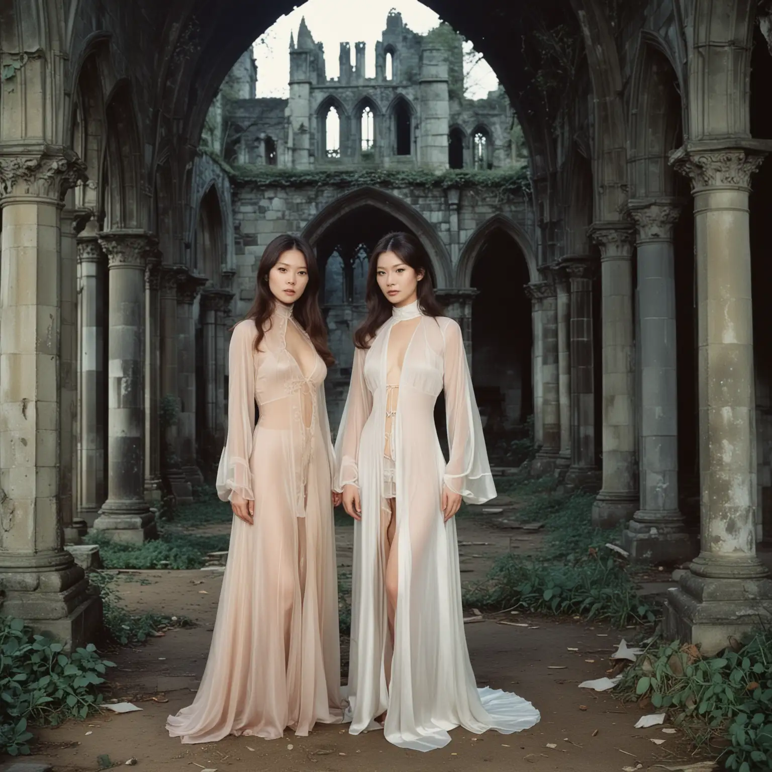 imagine a film poster for a 1970s British exploitation vampire film, called “The Manor”, sensual Japanese sisters in unbuttoned translucent silk gown, standing at a ruined gothic abbey, includes titles text in the style of a real film poster, patina worn