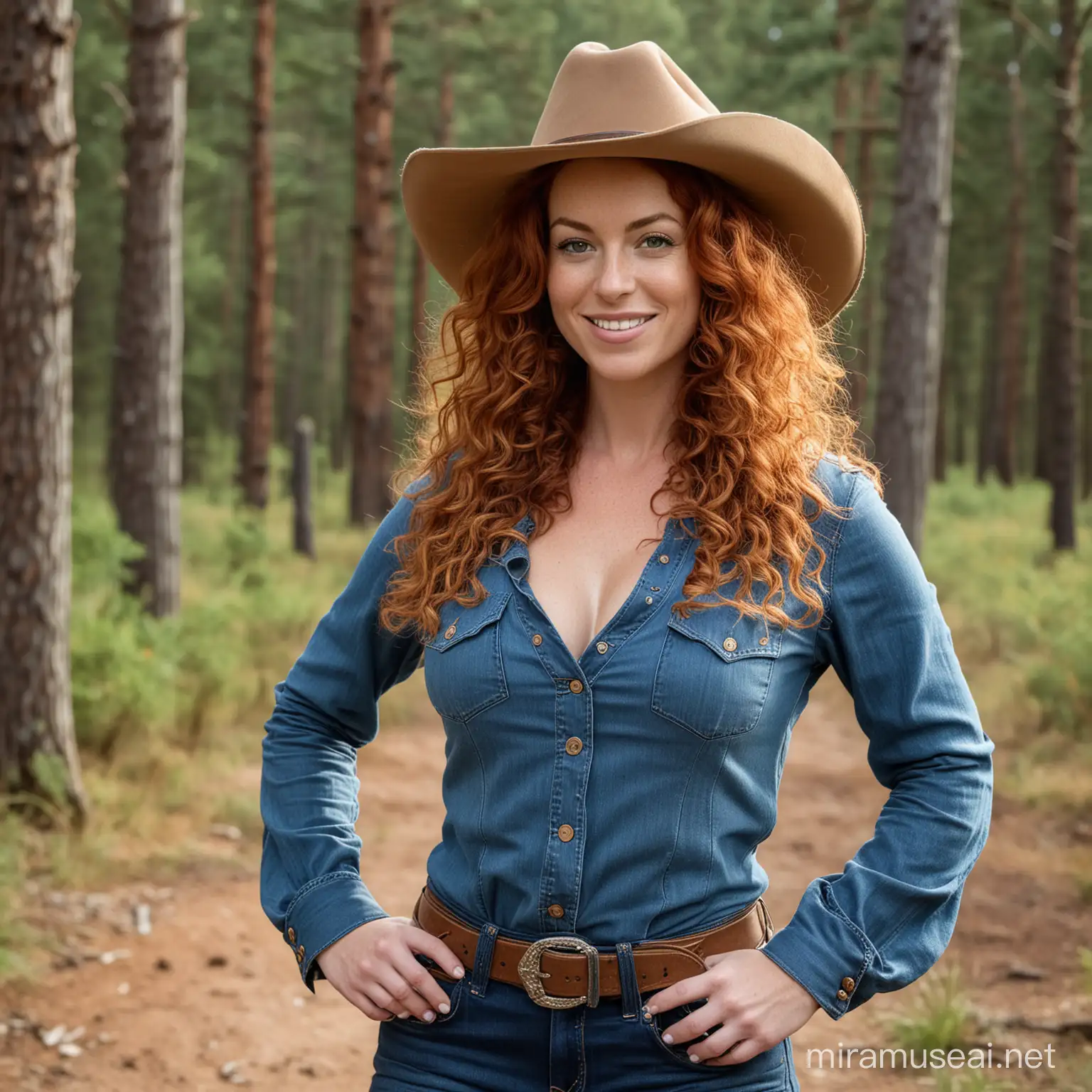 Irish Woman with Curly Red Hair and Cowboy Hat in Western Forest