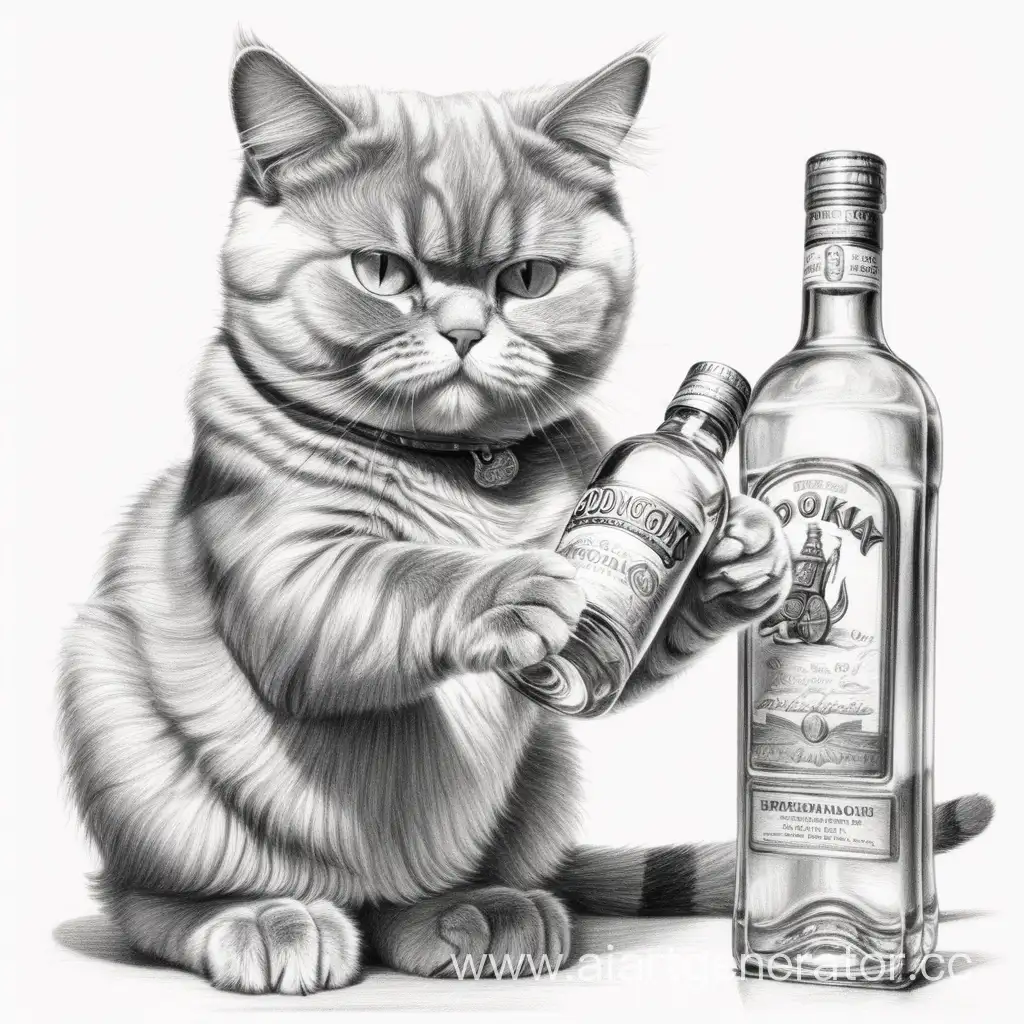 Pencil drawing, a British cat holds a bottle of vodka in its paws