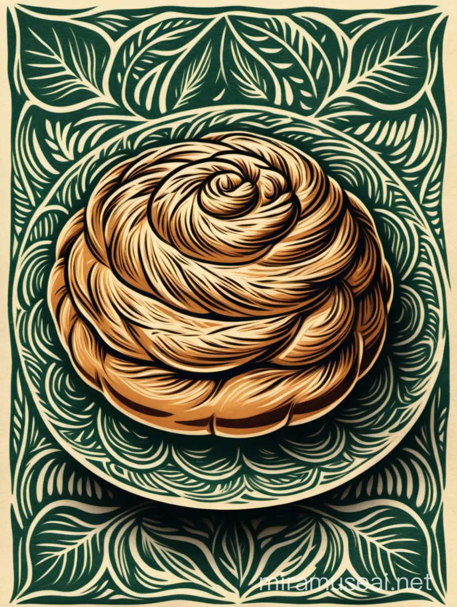 Cardamom Bun Block Print Style Delicious Pastries Illustrated in Vintage Print