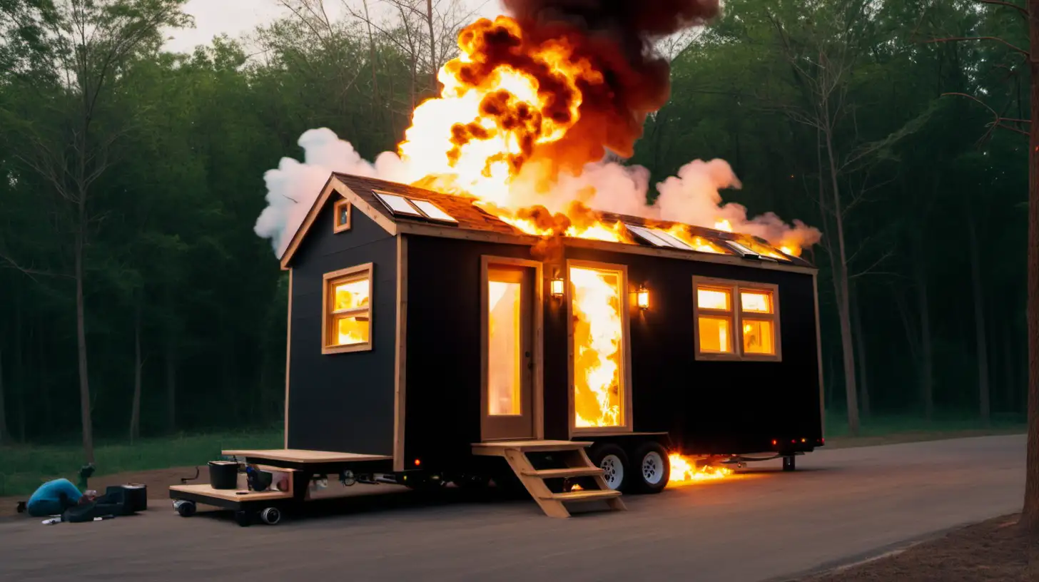The scene exudes an infectious energy, capturing the essence of social media, let a tiny house explode because going viral