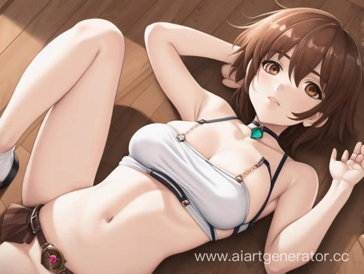 Anime girl with short brown hair. She is laying on the floore in front of me. Rubbing her chubby hourglass belly