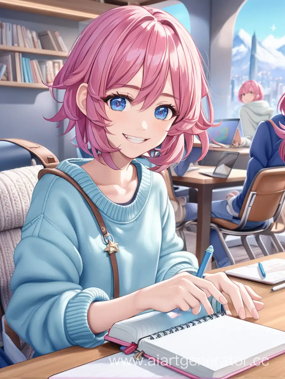 Март 7 из игры Хонкай Стар Рейл, девушка с розовыми волосами, в голубой кофточке, с блокнотом в руках, улыбается