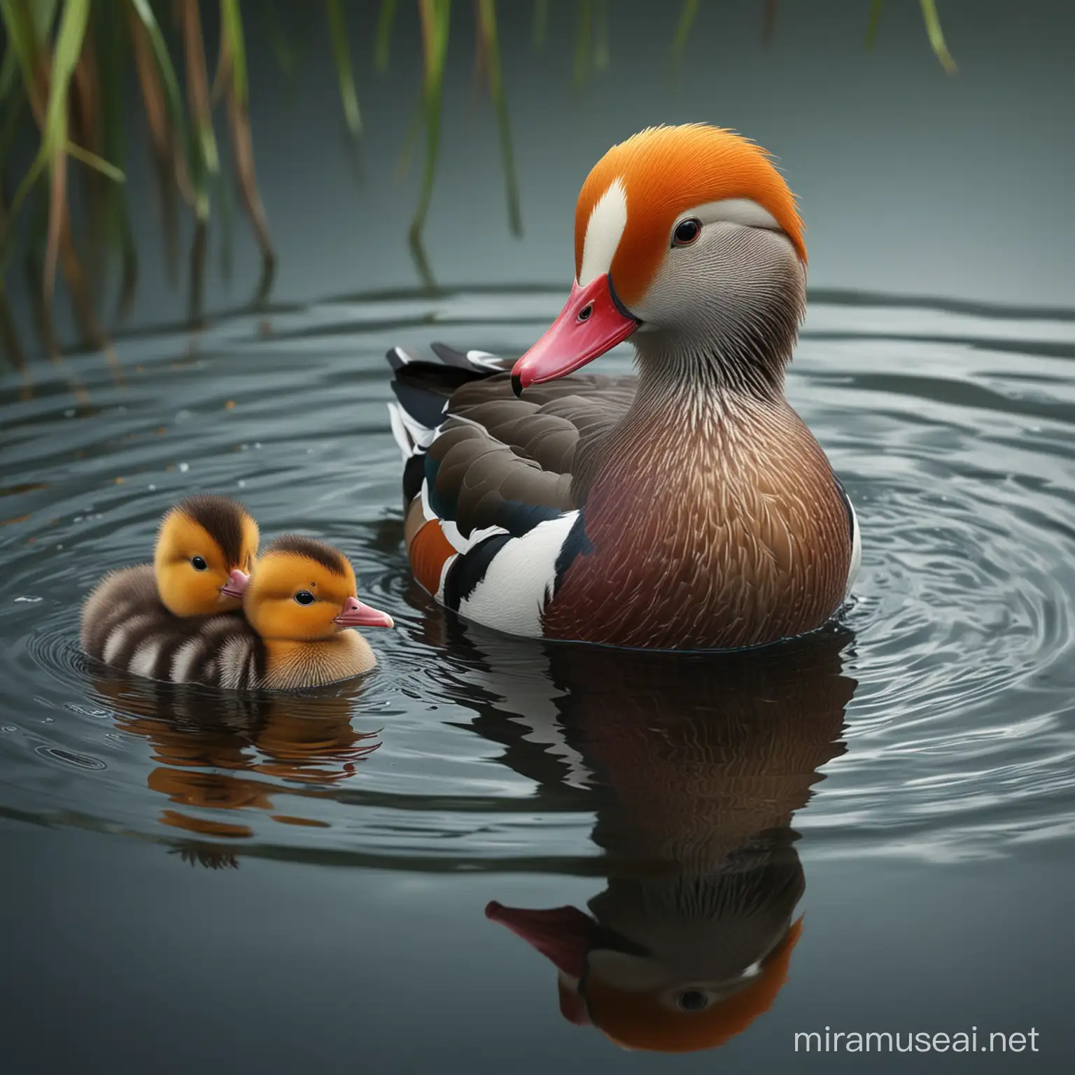 Create an ultra-photorealistic image that captures the essence of growth and potential. It portrays a mandarin duck chick looking into the water and seeing its reflection as an adult male mandarin duck Aix galericulata in breeding plumage. This powerful visual metaphor represents one character at two different stages of life, all within a single reflection, C4D rendering, ultra HD, master works,  –AR 16:9 --niji 6 –style raw