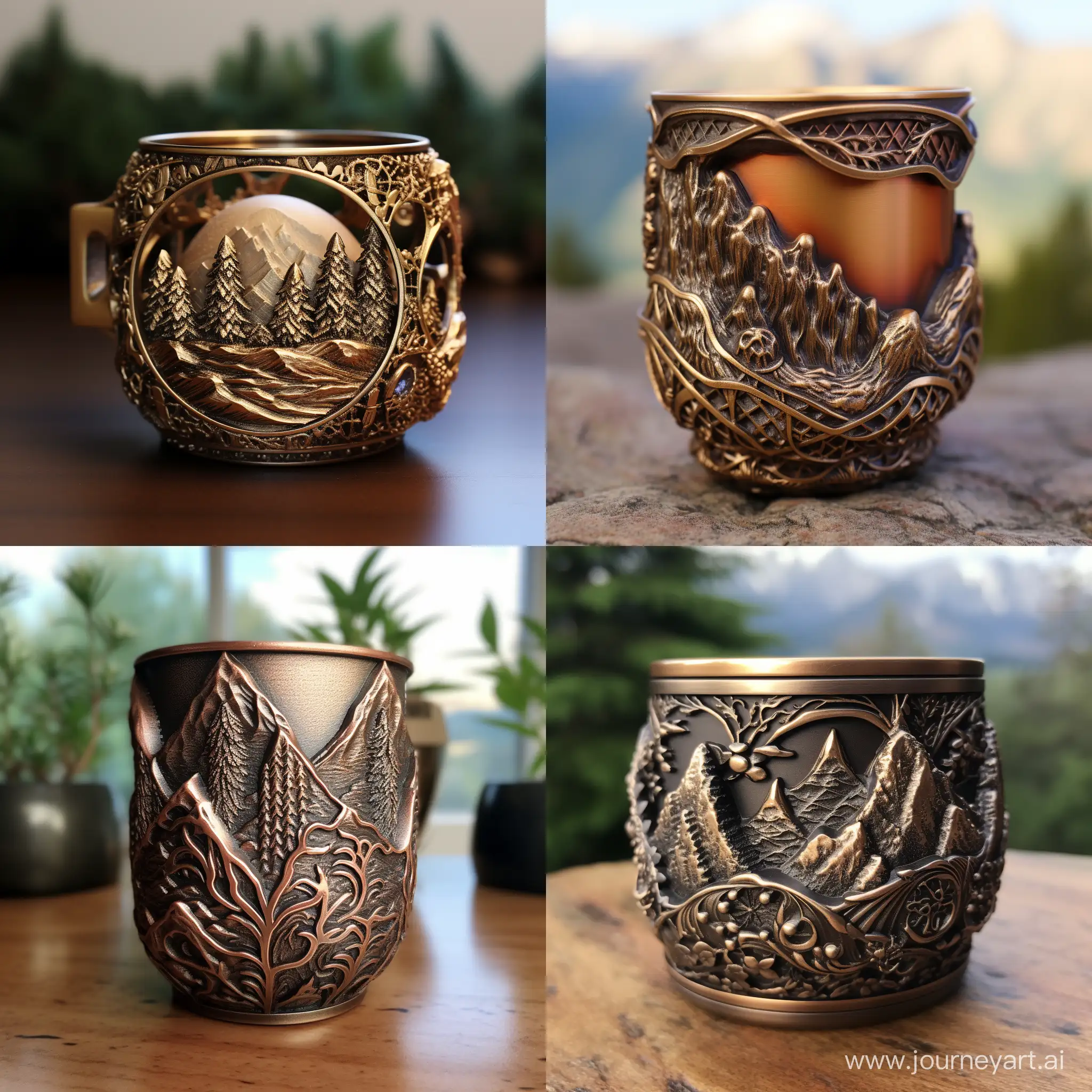 bronze cup holder with meshy ornaments of mountains 3d printed