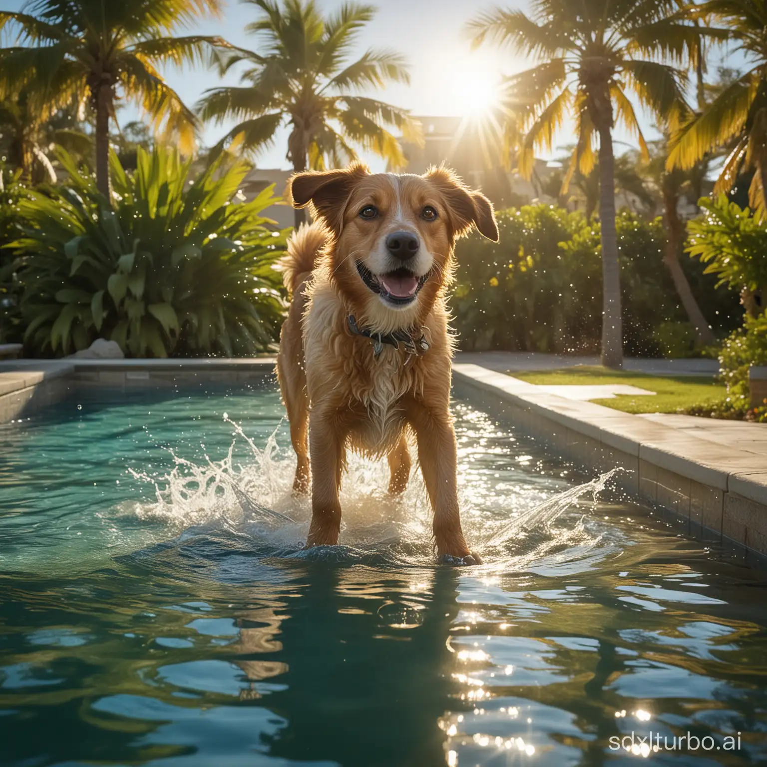 In a summer atmosphere bathed in light, the dazzling sun reflects on a pool of crystalline blue, creating shimmering lights on the surface of the water. In the foreground, a dog, with a coat soaked in shades of gold and honey, stands on the edge of the pool, a joyful expression lighting up its face. Its sparkling eyes are fixed on the sparkling water, ready to dive into this aquatic paradise.  The dog, with each hair reproduced with striking realism, is captured in a moment of anticipation and liveliness. The meticulous details reveal the texture of the coat, the reflections of the sun on its bright coat and the droplets of water pearling on its vibrissae. Splashes of water are already appearing around its paws, freezing the excitement of the moment.  In the background, the palm trees stand majestically, their leaves dancing gently in the summer breeze. The sky is cloudless, offering a dazzling contrast with the lush green of the surrounding plants. Each detail of this scene is impregnated with life, from the shimmering light to the vibrant colors, making this image a true tribute to summer and the joy of life. 
