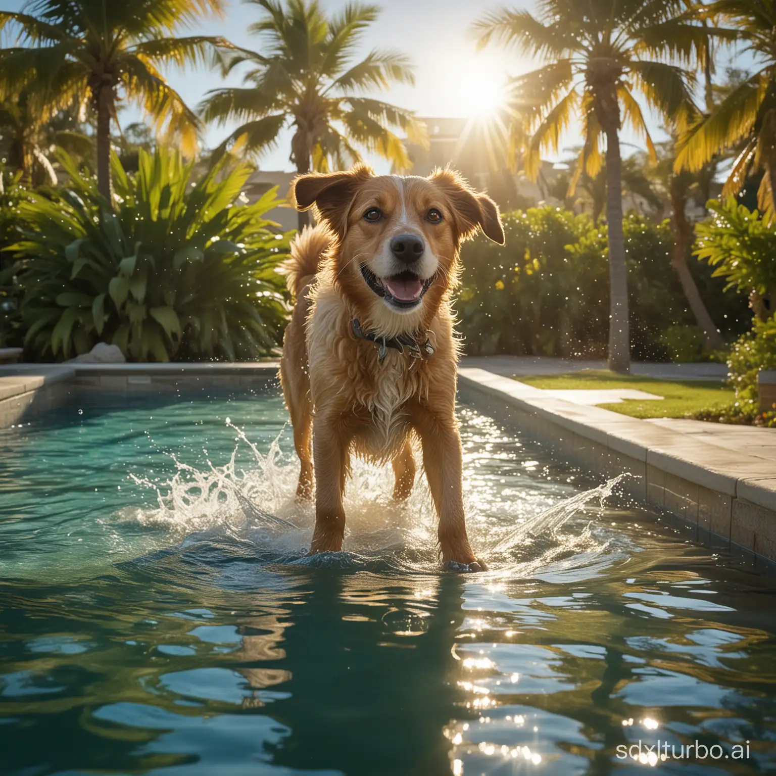 Dans une ambiance estivale baignée de lumière, le soleil éclatant se reflète sur une piscine d'un bleu cristallin, créant des jeux de lumière chatoyants à la surface de l'eau. Au premier plan, un chien, le pelage gorgé de nuances d'or et de miel, se tient debout sur le bord de la piscine, une expression de joie pure illuminant son visage. Ses yeux pétillants sont rivés vers l'eau scintillante, prêts à plonger dans ce paradis aquatique.  Le chien, dont chaque poil est rendu avec un réalisme saisissant, est capturé dans un moment d'anticipation et de vivacité. Les détails minutieux révèlent la texture du pelage, les reflets du soleil sur son pelage brillant et les gouttelettes d'eau perlant sur ses vibrissae. Des éclaboussures d'eau surgissent déjà autour de ses pattes, figeant l'excitation du moment.  En arrière-plan, les palmiers se dressent majestueusement, leurs feuilles dansant doucement dans la brise estivale. Le ciel est d'un bleu sans nuages, offrant un contraste éblouissant avec le vert luxuriant des plantes environnantes. Chaque détail de cette scène est imprégné de vie, de la lumière chatoyante aux couleurs vibrantes, faisant de cette image un véritable hommage à l'été et à la joie de vivre.