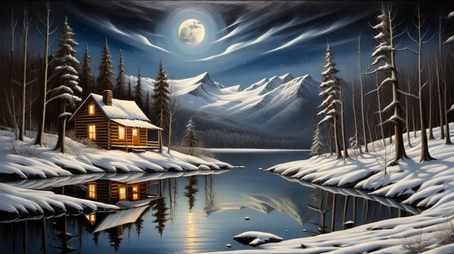 OIL PAINTING OF  OLD CABIN  IN BAY, SNOW, WINTER,  HEAVY WOODS,   MOONLIGHT, MOON REFLECTION DIRECTLY UNDER MOON, NO CLOUDS, WEEDS,     MOUNTAINS, FOREST, TREES