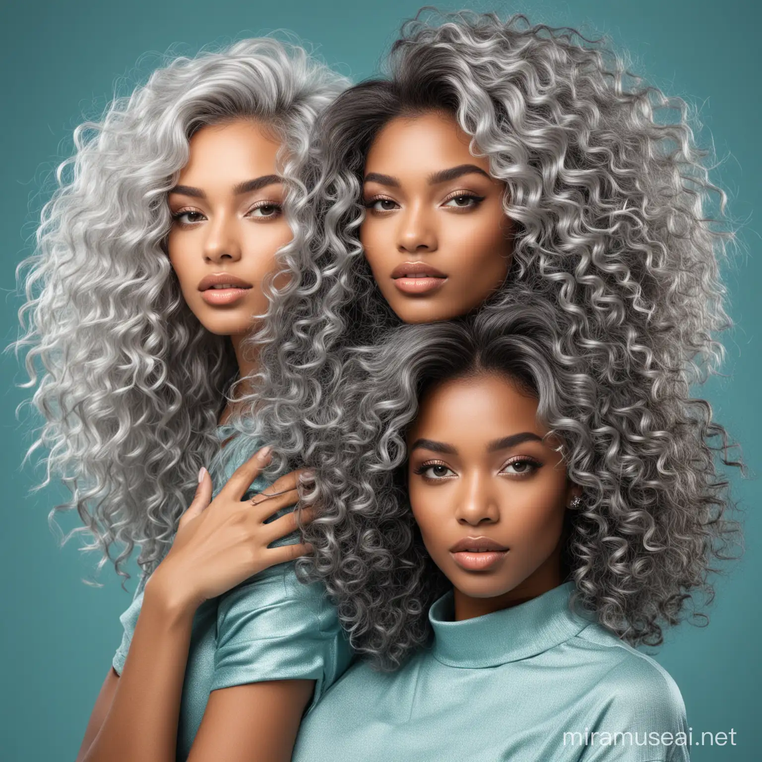 beautiful different race model women with luxurious, voluminous hair with different hair textures in a teal and silver background
