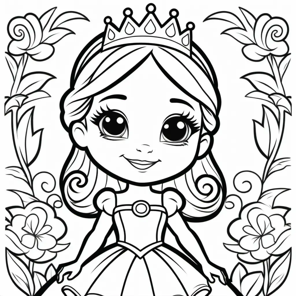 simple coloring book for kids,cartoon style toddler princess , black and white, thick lines, no shading --9:16--vr5