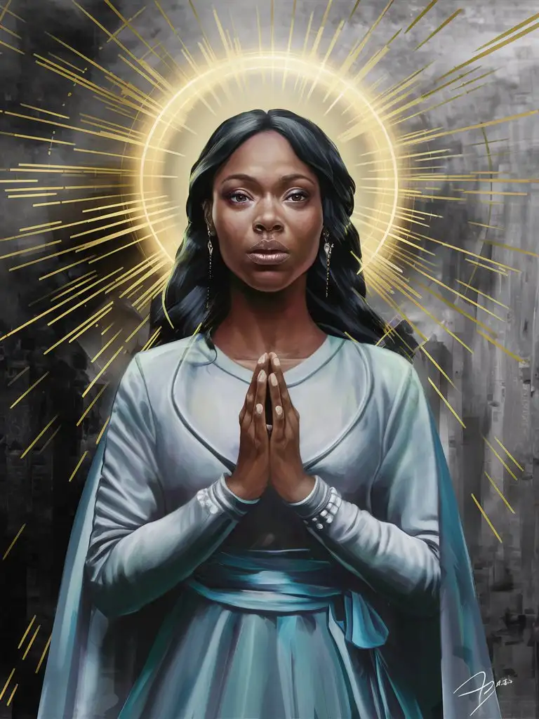 Digital painting of a beautiful ethnic woman dressed in modern clothing but with a halo shining above her head, representing the Holy Spirit coming to her rescue. She is depicted as a sinner who has made mistakes in her life but is seeking redemption.