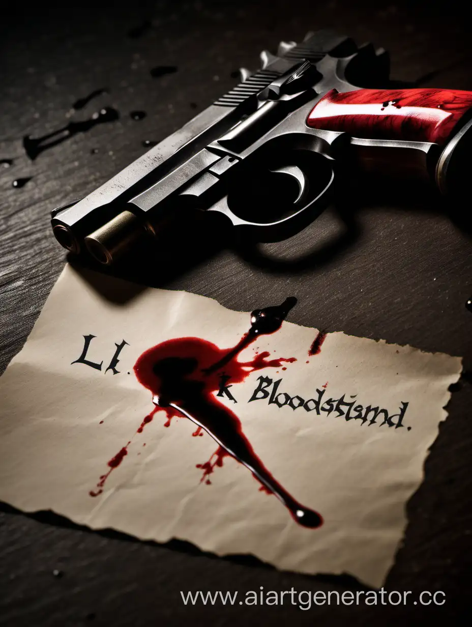 Пистолет указывает на окровавленную бумажку с именем Li. Тёмная, пугаущая, мрачная атмосфера. Криминальная атмосфера 