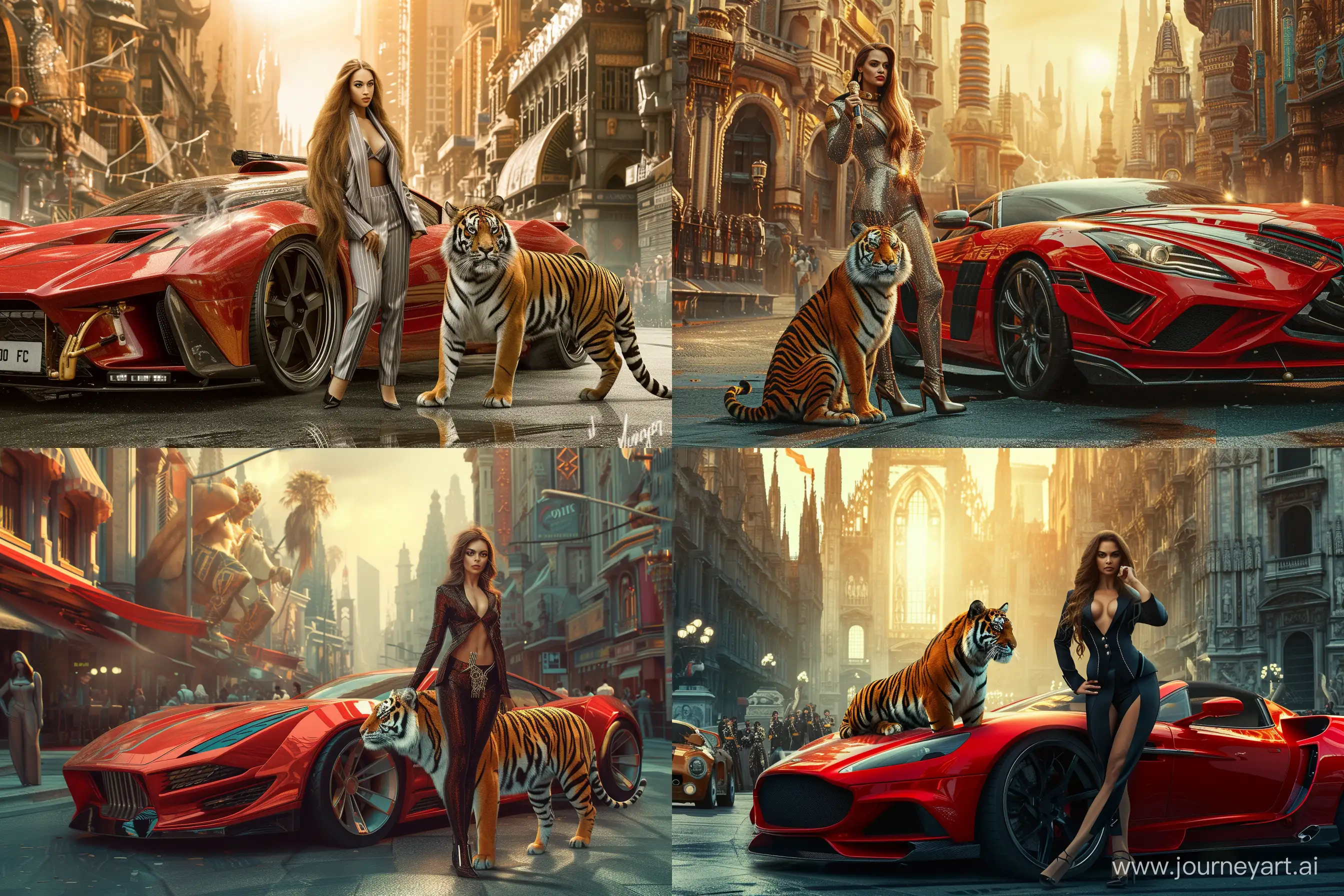 Powerful-Businesswoman-and-Her-Tiger-with-Retro-Futuristic-Car