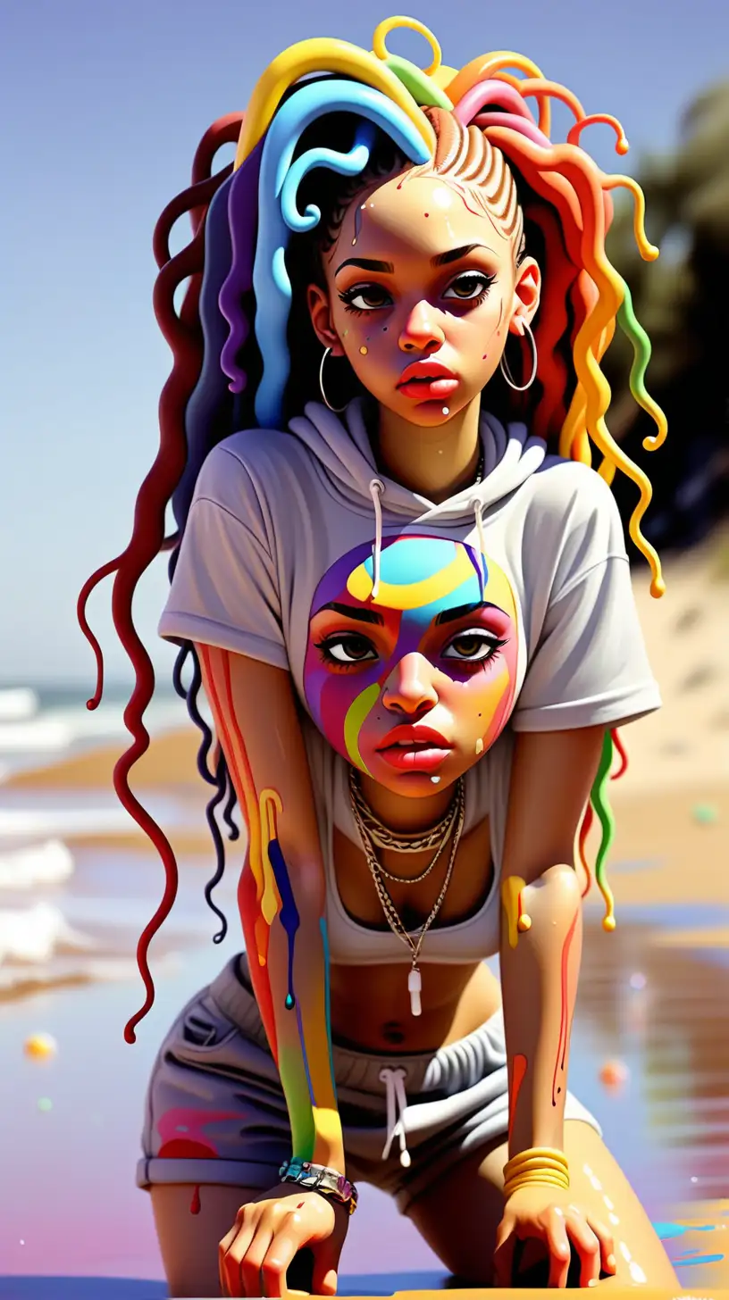 Colorful, surreal life, lightskinned girl, hip-hop style, painting, wet, beach