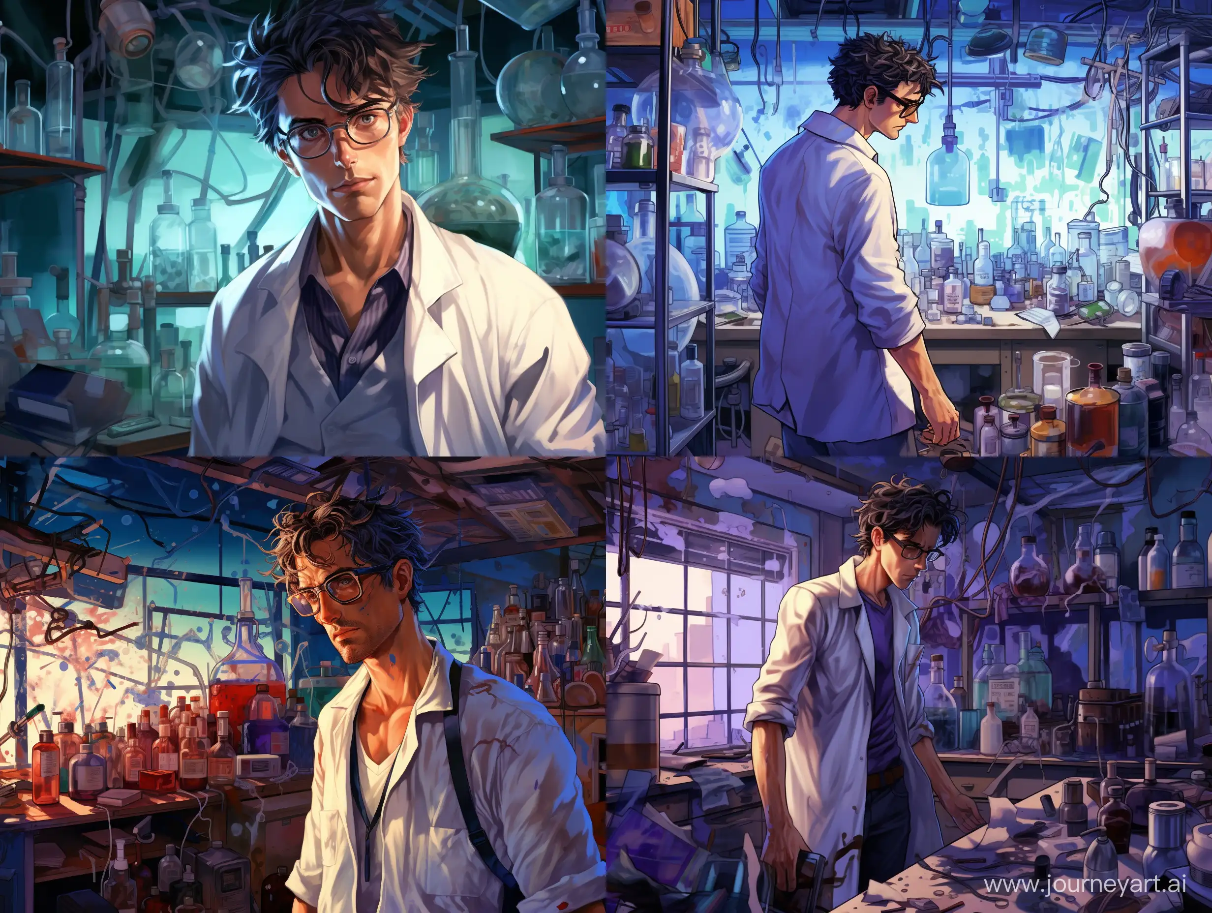 Experimental-Chemist-Amidst-Laboratory-Chaos-with-Bluish-Tubes-and-Chemicals