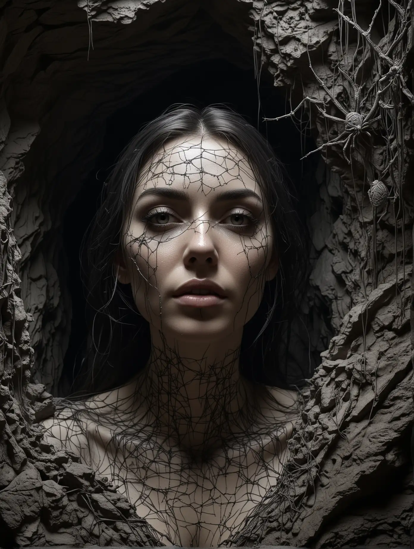 Create a 4k white 3d intricate stone art of a beautiful, sexy and stunning face of a British woman in gothic style in a deep dark black uneven broken cave, face in 3d view, cobwebs around cave, spiders, matt finish, dynamic lighting 