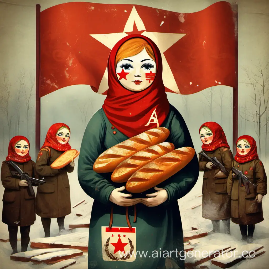Матрешка в тельняшке с флагом СССР, в руках хлеб соль, с ак-47 за спиной