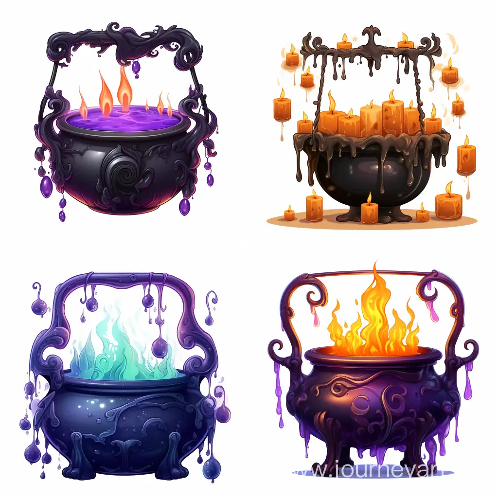 Magical cauldron for potions, candles hanging over the cauldron, on white background, cartoon style