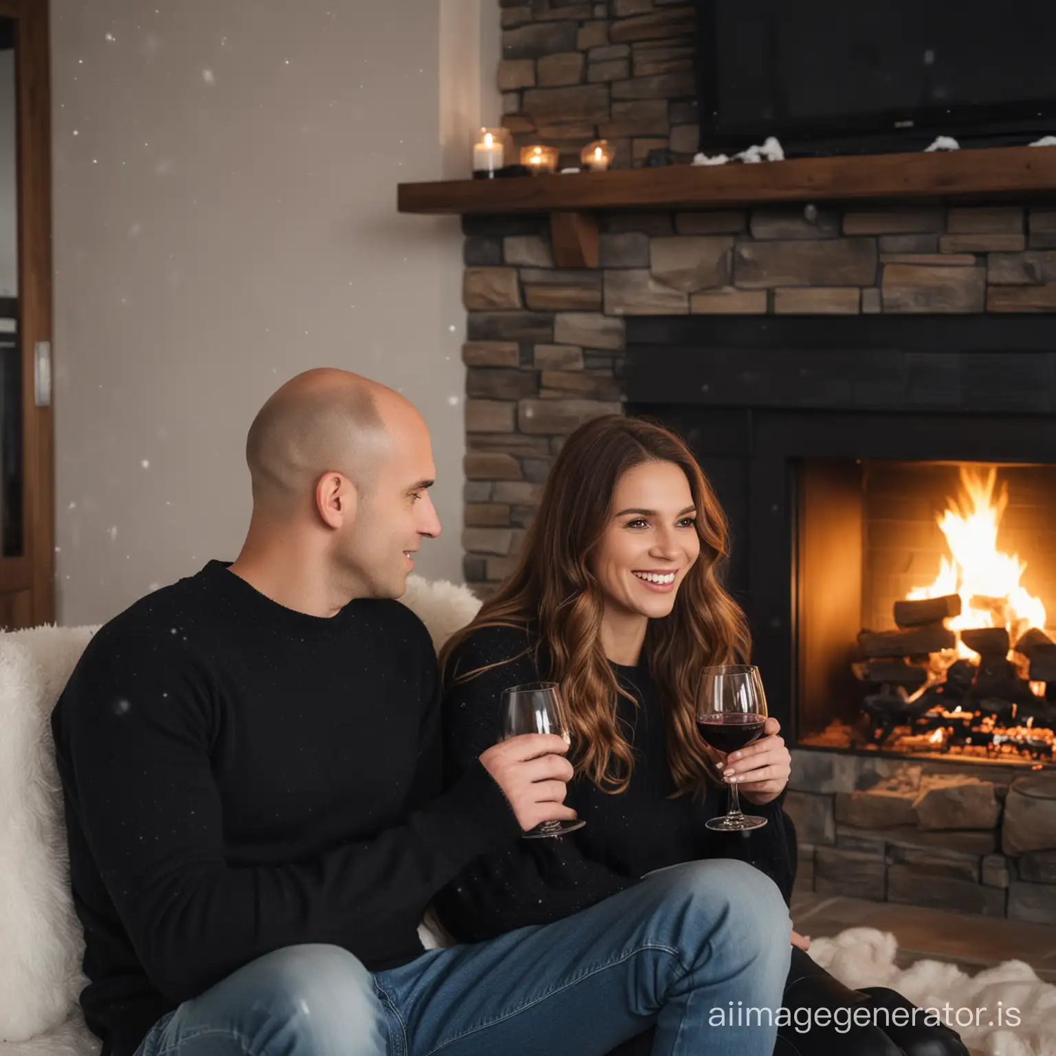a bald man and a wavy brown long haired woman are sitting in front of a fireplace. there is snow outside. they drink wine. black sweater
