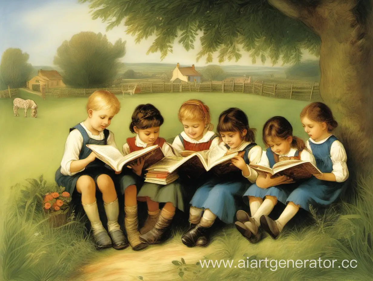 Rural-Scene-Children-Reading-in-the-Countryside