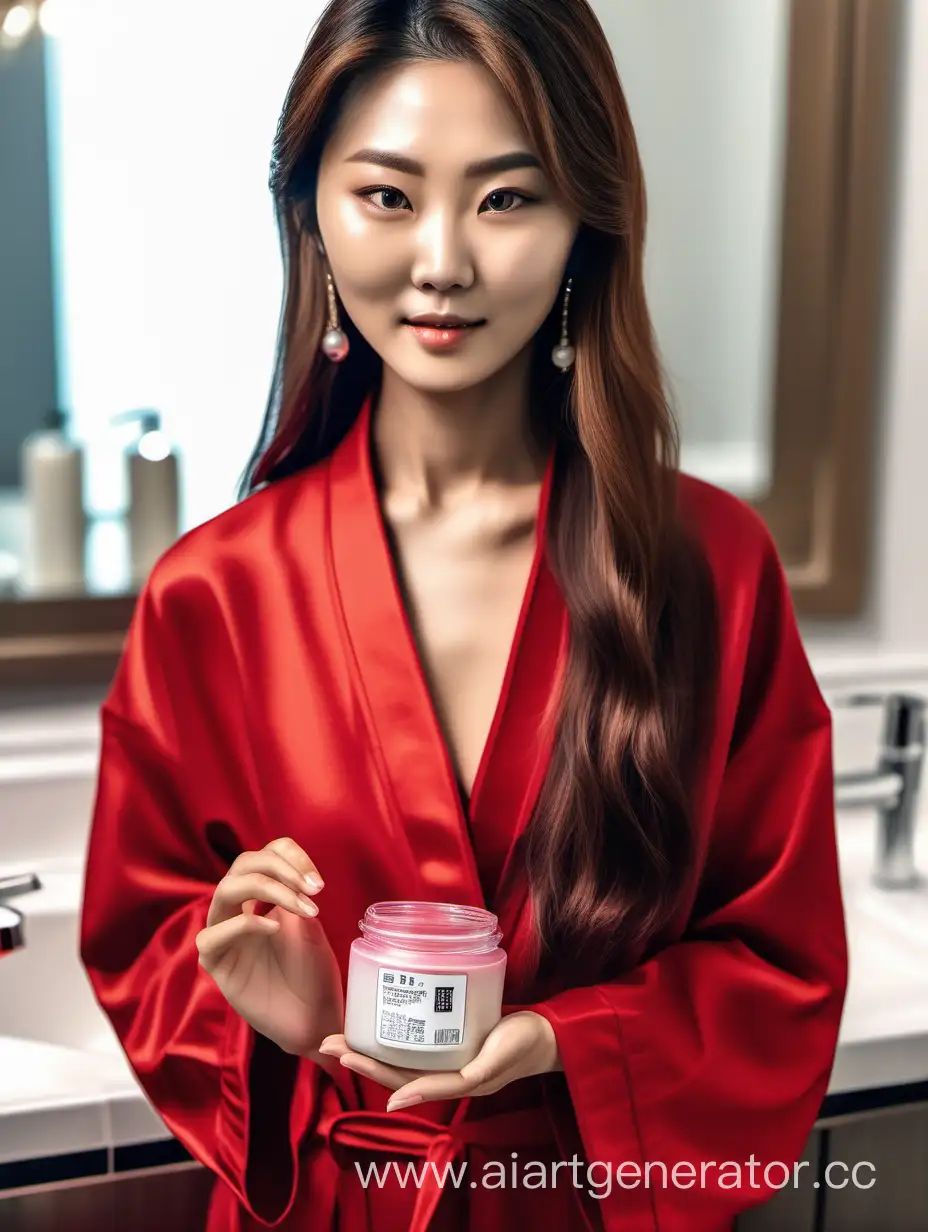 Красивая кореянка с прямыми волосами до пояса, в домашнем красном халате, с миниатюрными серьгами, с баночкой с кремом в руках, на фоне ванной комнаты