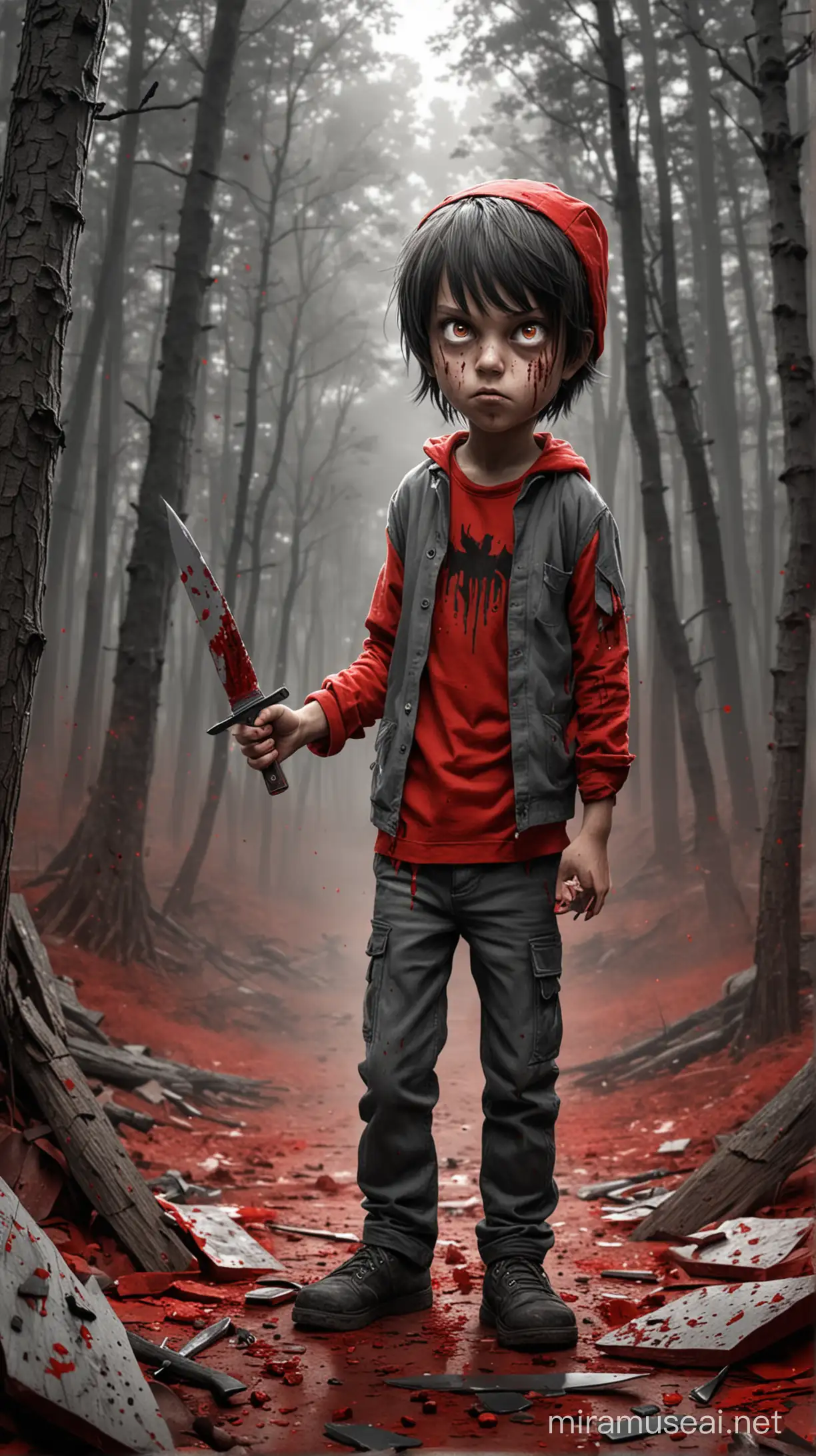 Niño siniestro ,dibujo animado,terror,cuchillo,sangre,cartón,colores rojos y grises,fondo bosque