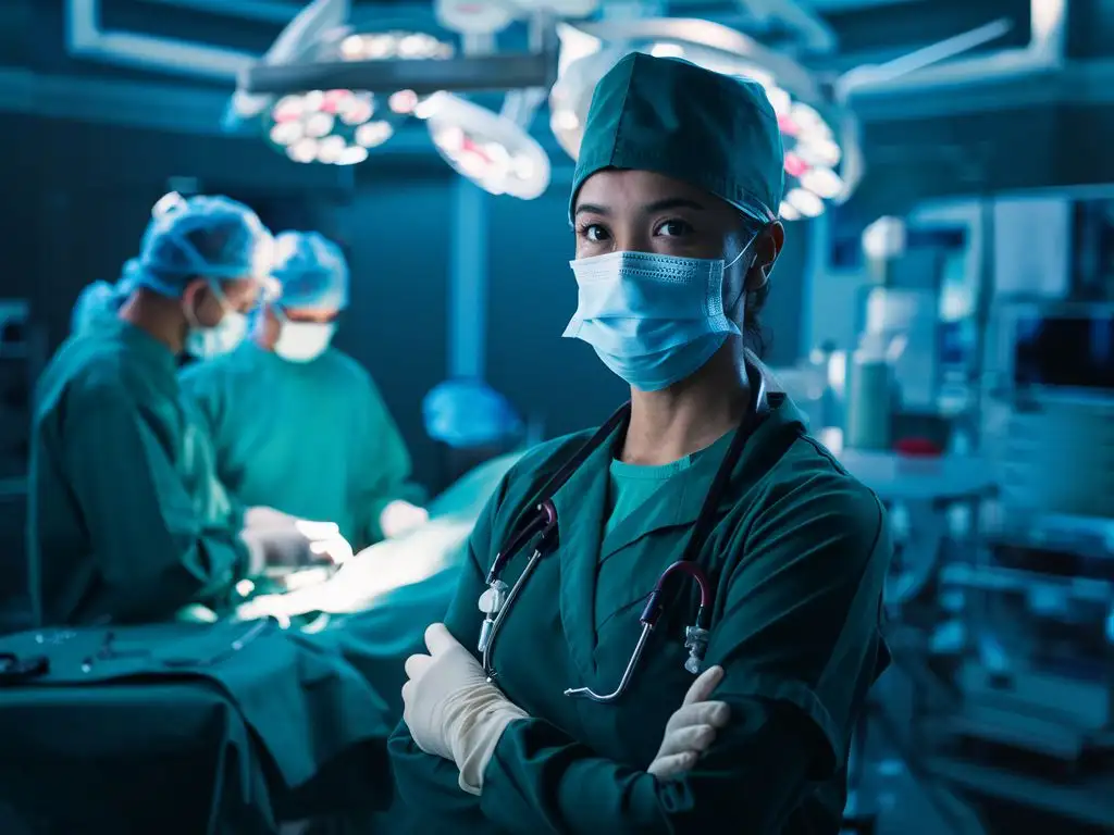 latin female anesthesiologist with a mask and green uniform in and a surgery cap in an operating room surround with technology