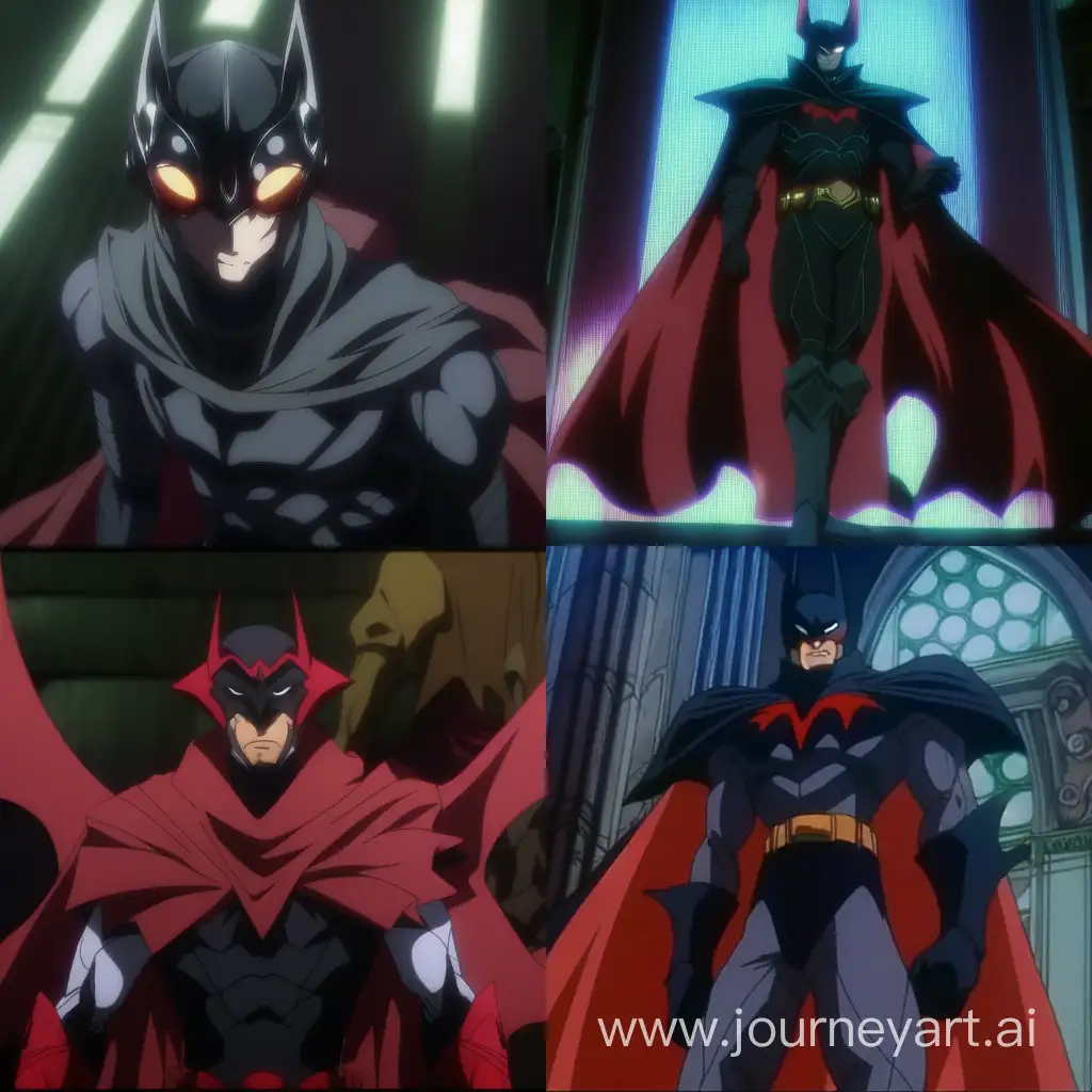 screenshot from 80s anime film, batman in a devil costume looking villain with devil appearance --niji 4 --ar 1:1 --no 63200