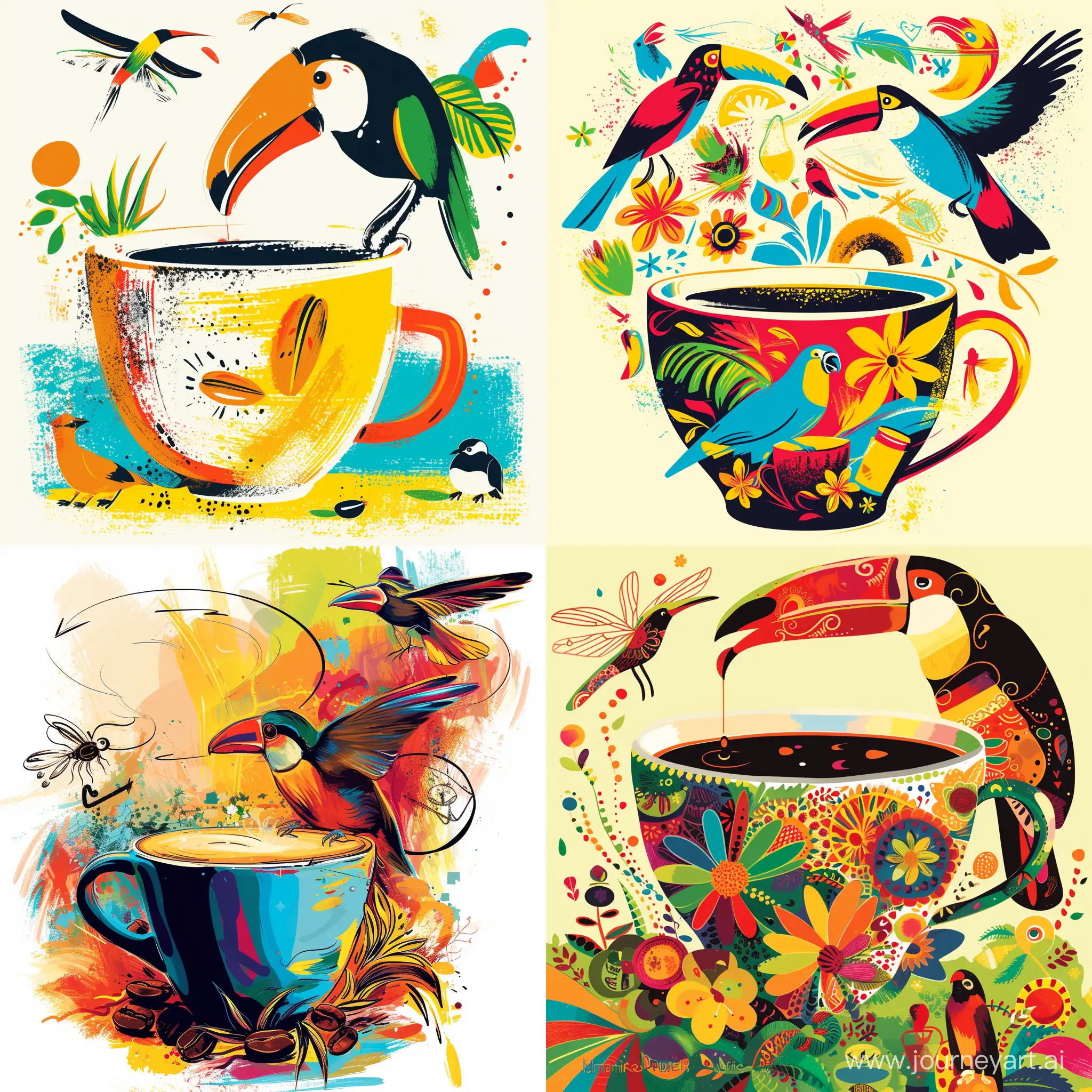 Vibrant-Brazilian-Wildlife-Surrounds-Coffee-Cup-in-Abstract-Illustration