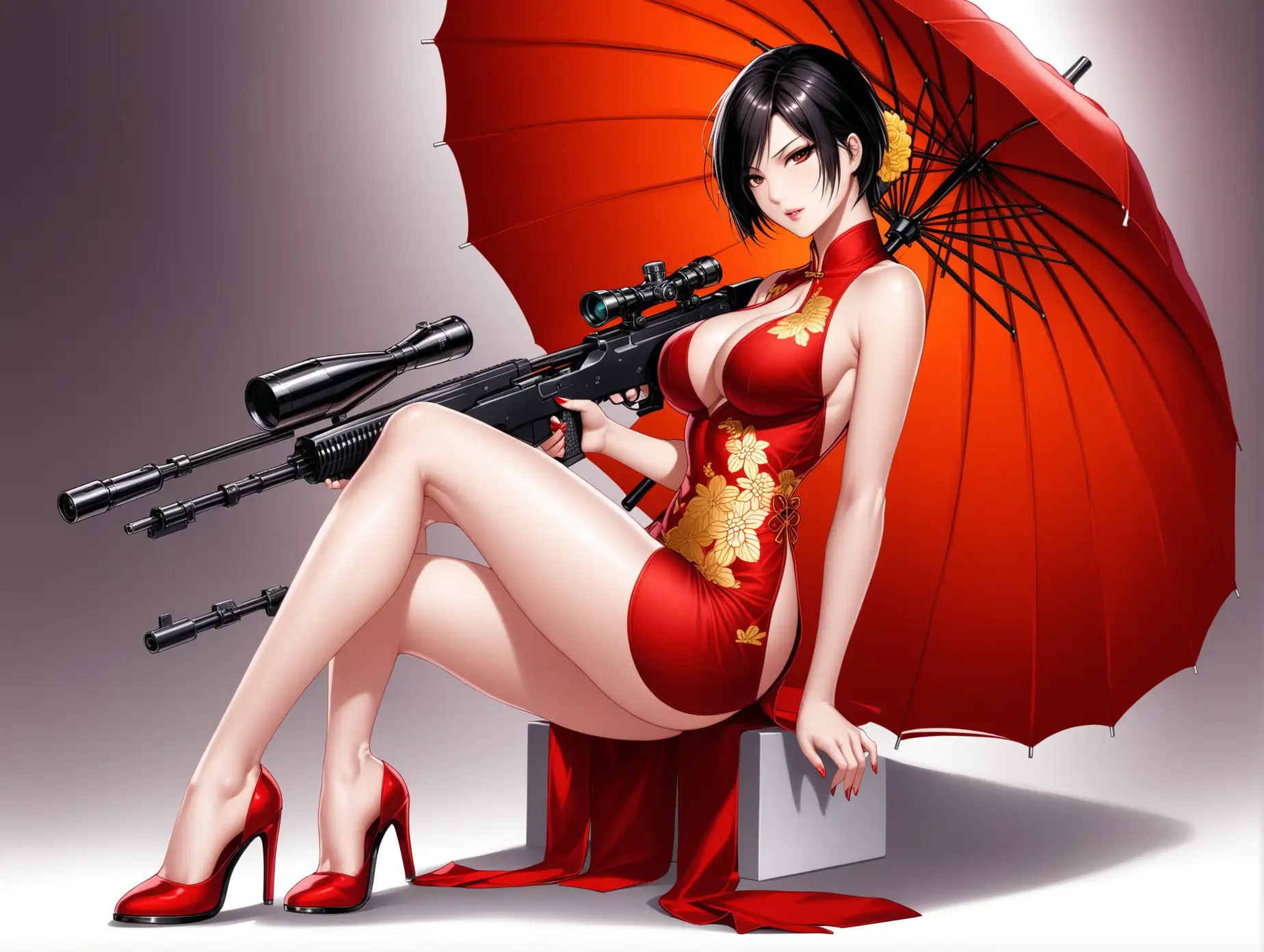 Ada-Wong-Cosplay-in-Red-Cheongsam-with-Sniper-Gun