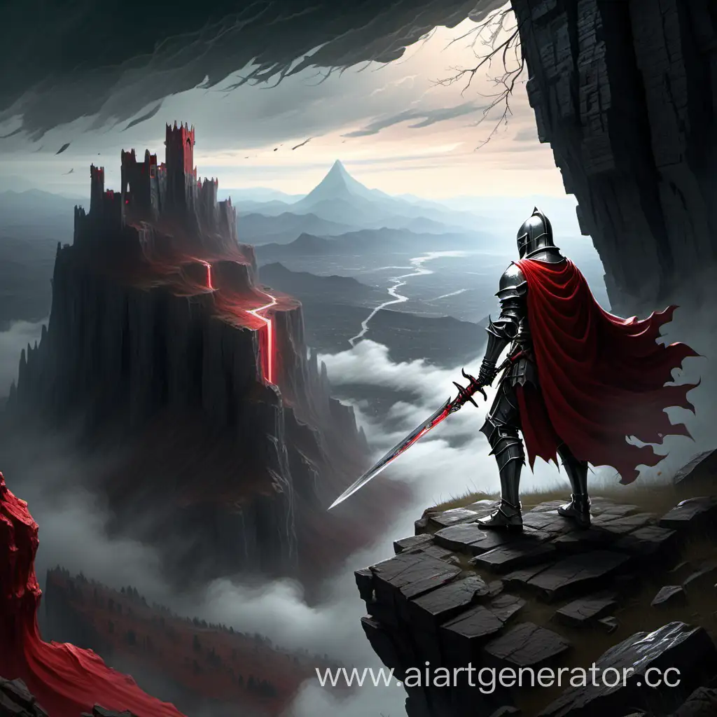 Призрак рыцаря с красным широким мечом стоит на краю обрыва. Вдалеке горное плато.