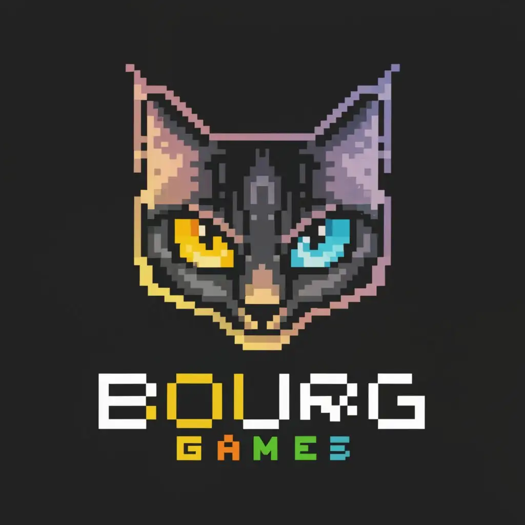 a logo design,with the text "Bourg Games", main symbol:Cat with game controller keypads on the cheeks pixelated,Moderate,clear background