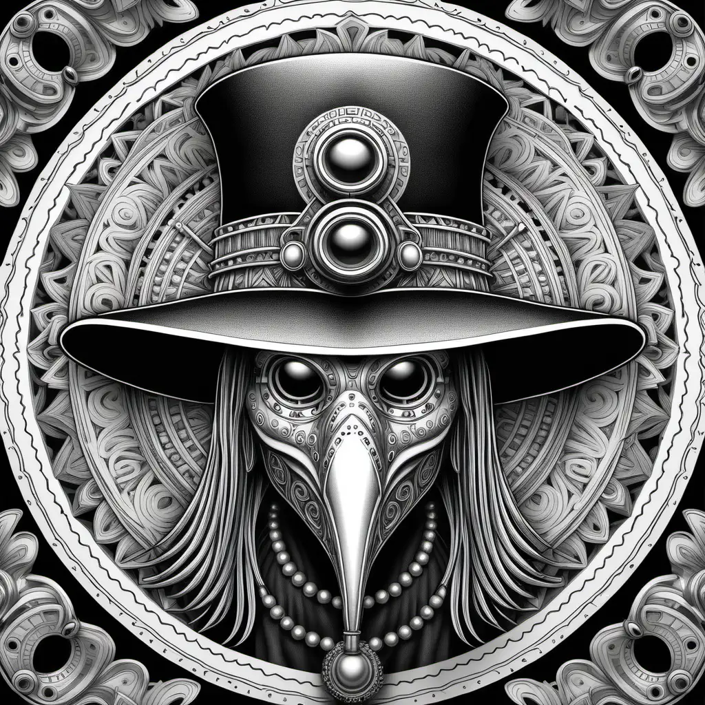 adult coloring book, black and white, best linework, no color. 3D illustrated portait of highly detailed, perfectly symmetrical mandala with carnivale plague doctor mask with bead details