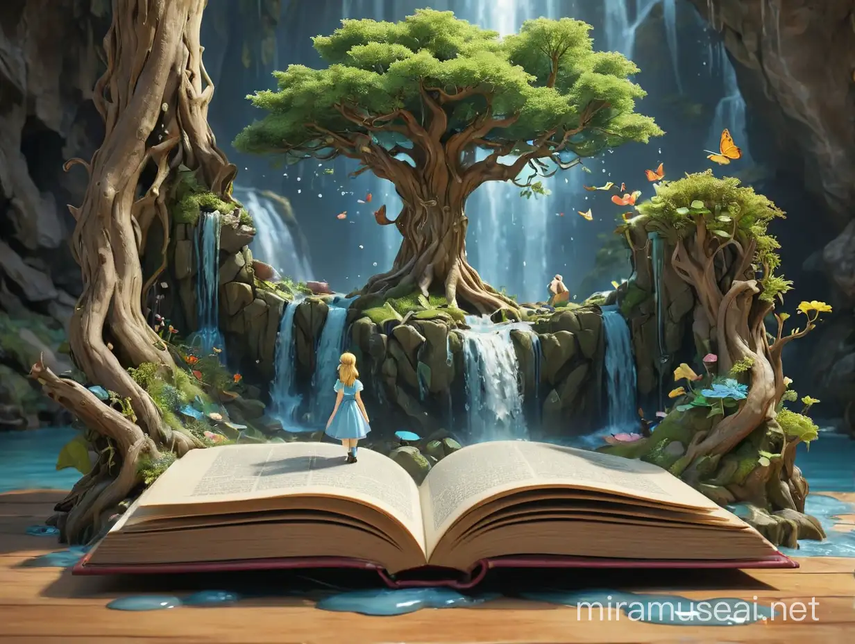 make me image: Open book with a 3D picture of Alice in Wonderland and The Little Prince, the tree of life, mountains and a waterfall, water spills from the open pages of the book